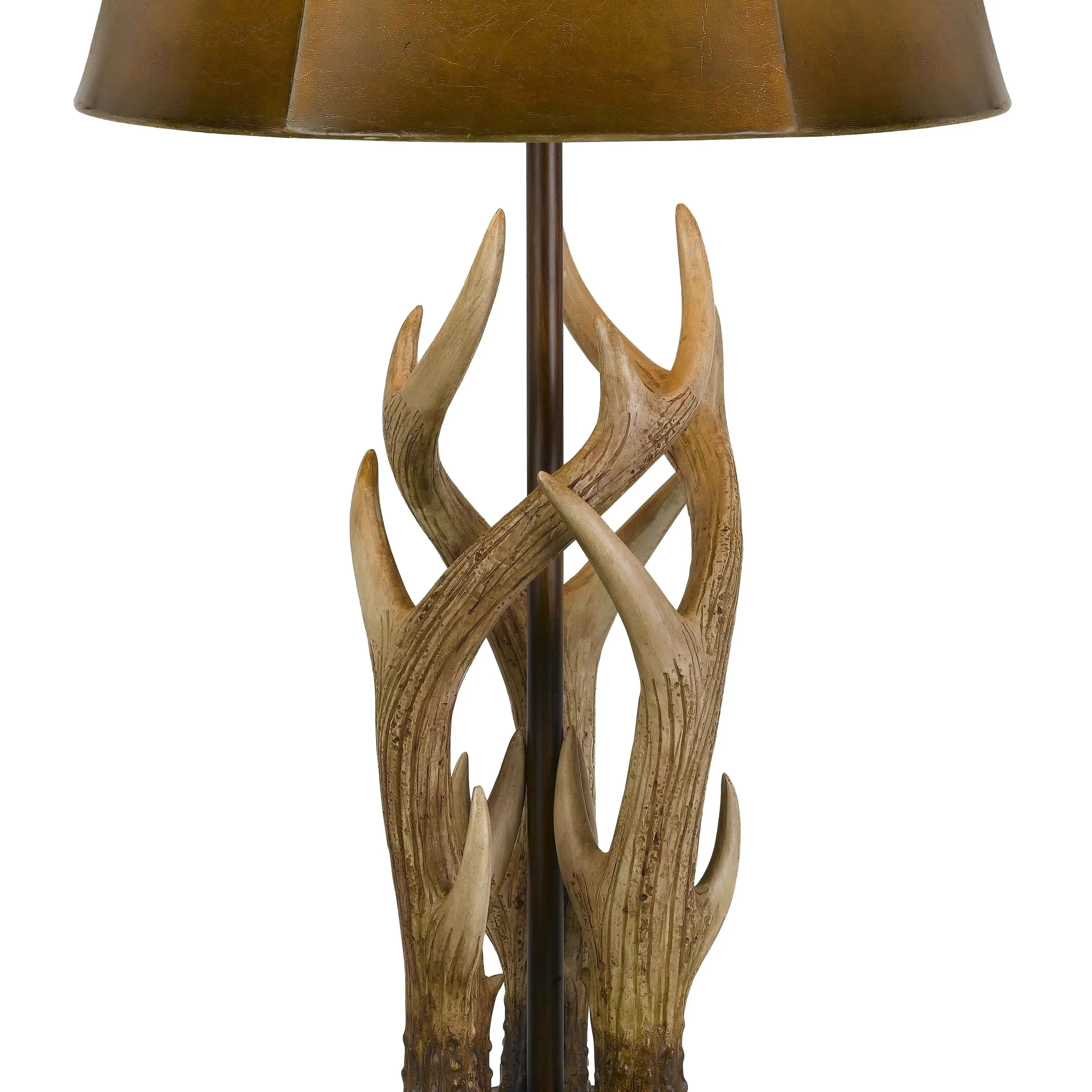 150 Watt Leatherette Shade Table Lamp With Antler Polyresin Base, Brown By Benzara