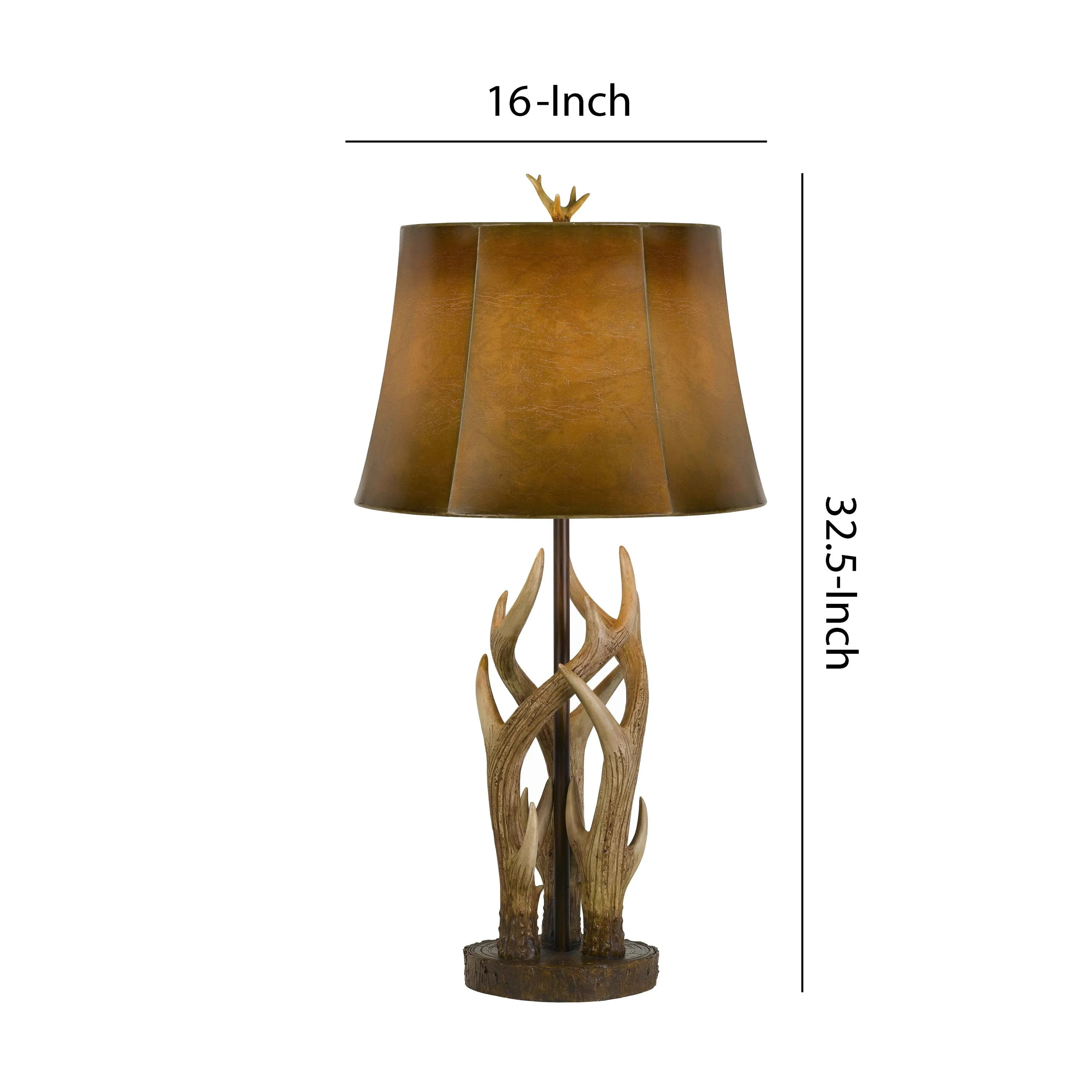150 Watt Leatherette Shade Table Lamp With Antler Polyresin Base, Brown By Benzara
