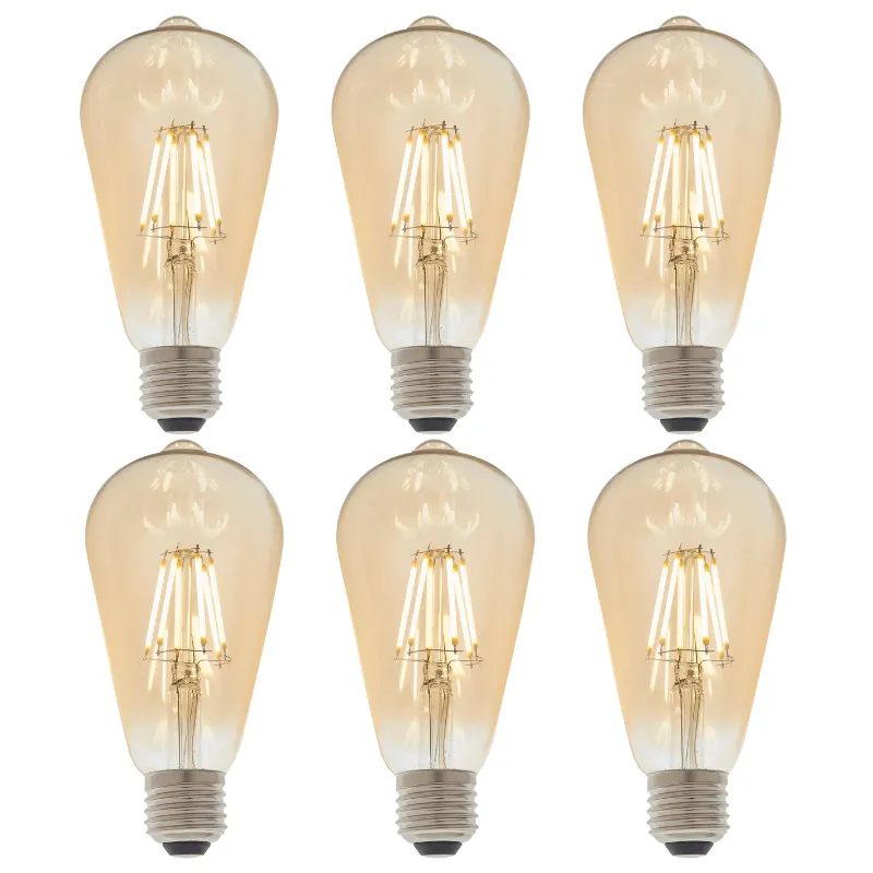 6 X E27 LED Filament Amber Pear Shaped Dimmable 6w Light Bulb
