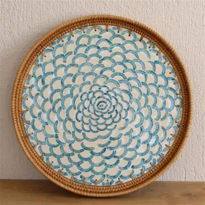 Abstract Designer Mother of Pearl Rattan Round Tray