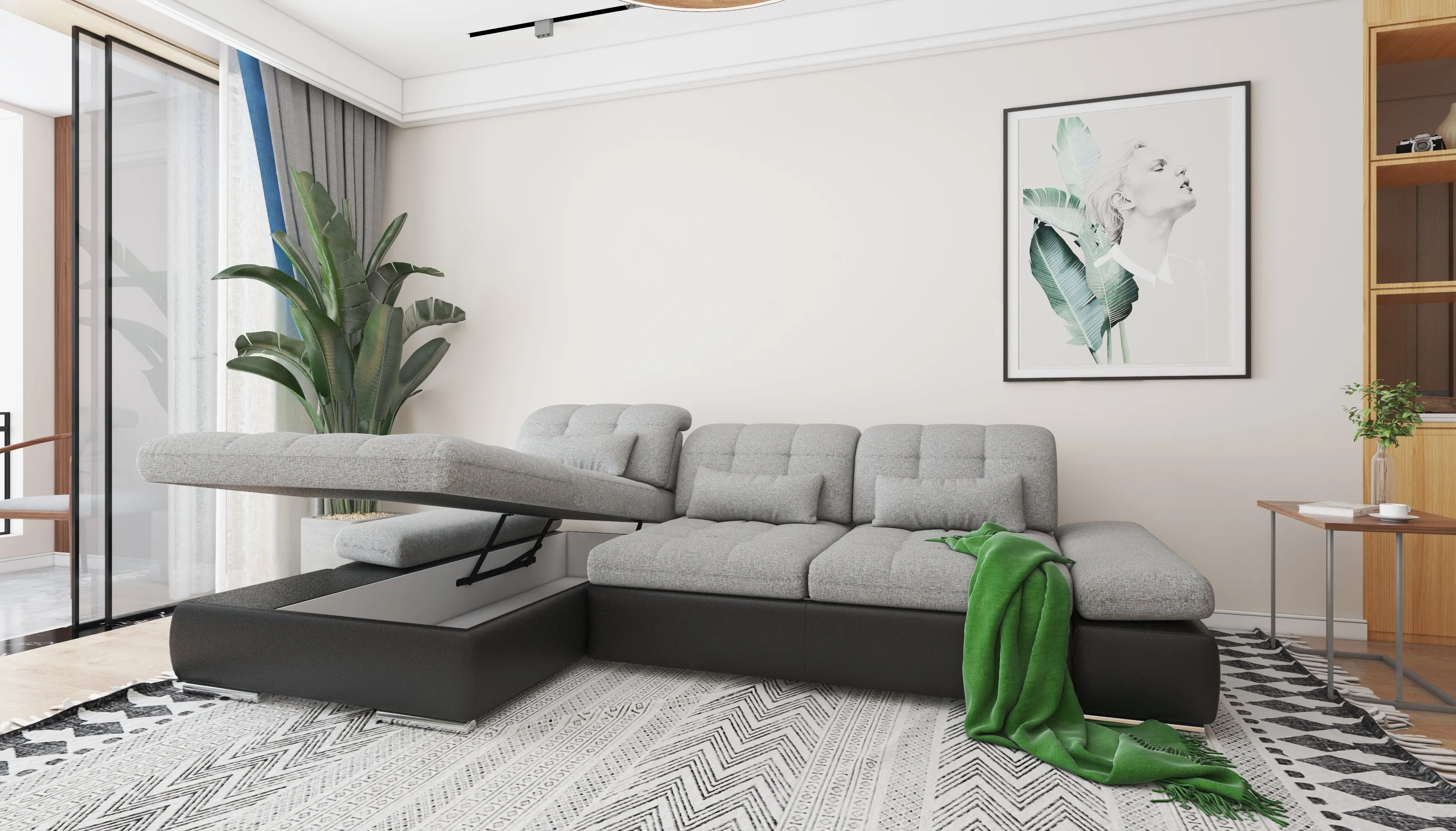 Alpine Two Tone Sectional Sofa Bed and Storage in Grey Fabric and black vinyl bottom