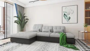 Alpine Two Tone Sectional Sofa Bed and Storage in Grey Fabric and black vinyl bottom