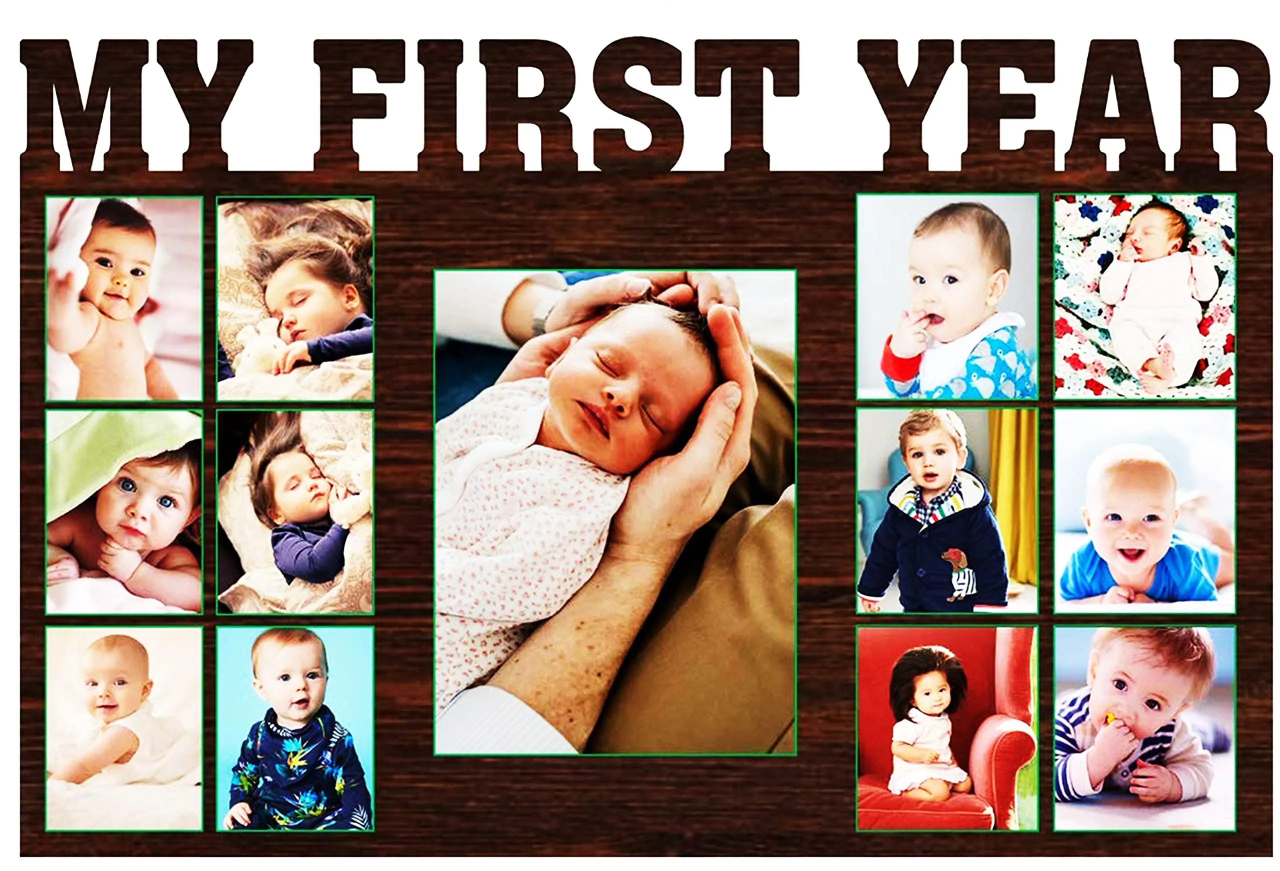 Amour Store || Personalized My first year design collage wooden photo frame for Girl , boy, Baby, Birthday , Kids Room || Size 14*10 Inch, Wall Mount