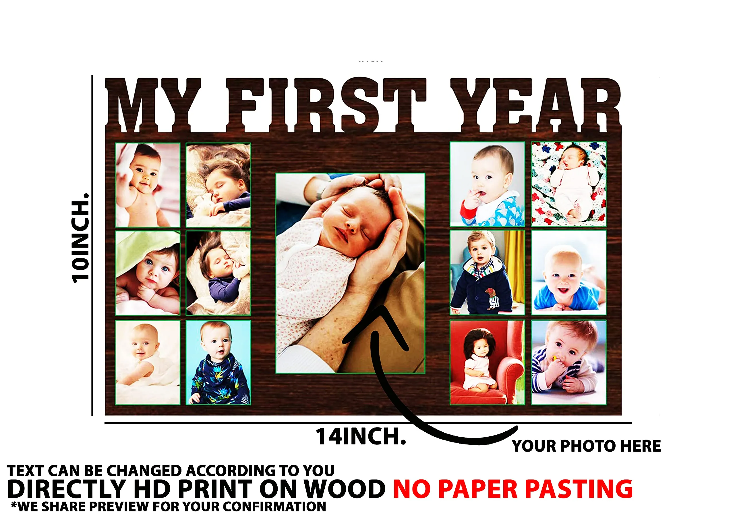 Amour Store || Personalized My first year design collage wooden photo frame for Girl , boy, Baby, Birthday , Kids Room || Size 14*10 Inch, Wall Mount