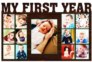 Amour Store || Personalized My first year design collage wooden photo frame for Girl , boy, Baby, Birthday , Kids Room || Size 14*10 Inch, Wall Mount
