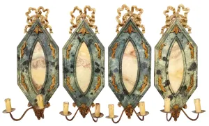 Antique Sconces, 4 Italian Painted, Marbelized, Two-Light, Crest, Scroll, 1900s