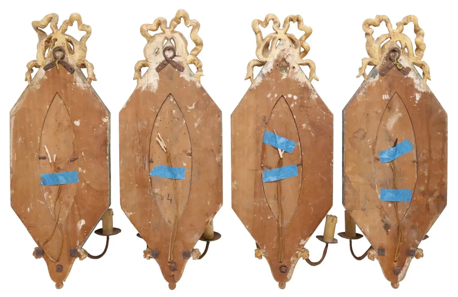 Antique Sconces, 4 Italian Painted, Marbelized, Two-Light, Crest, Scroll, 1900s