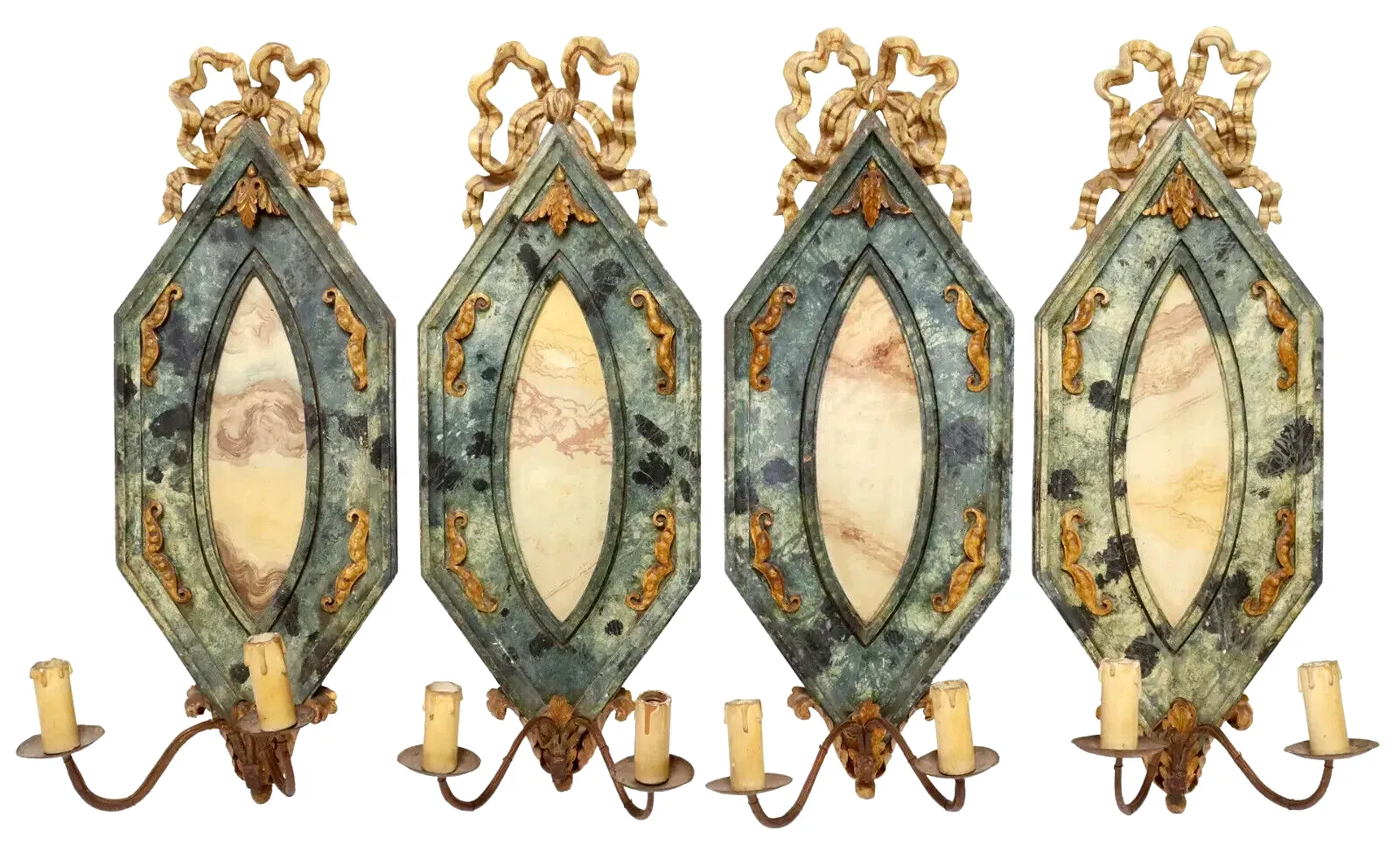 Antique Sconces, 4 Italian Painted, Marbelized, Two-Light, Crest, Scroll, 1900s