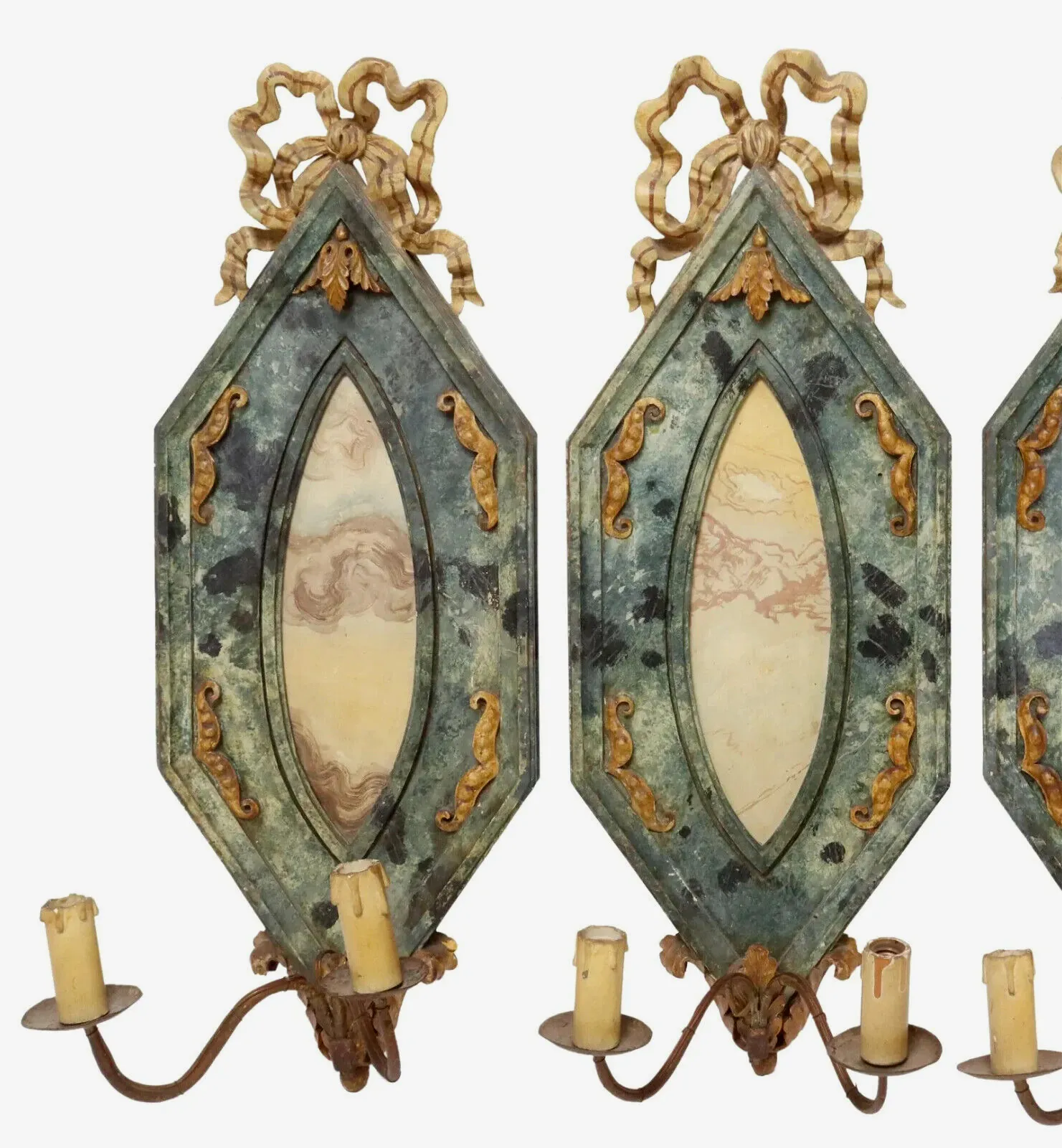 Antique Sconces, 4 Italian Painted, Marbelized, Two-Light, Crest, Scroll, 1900s