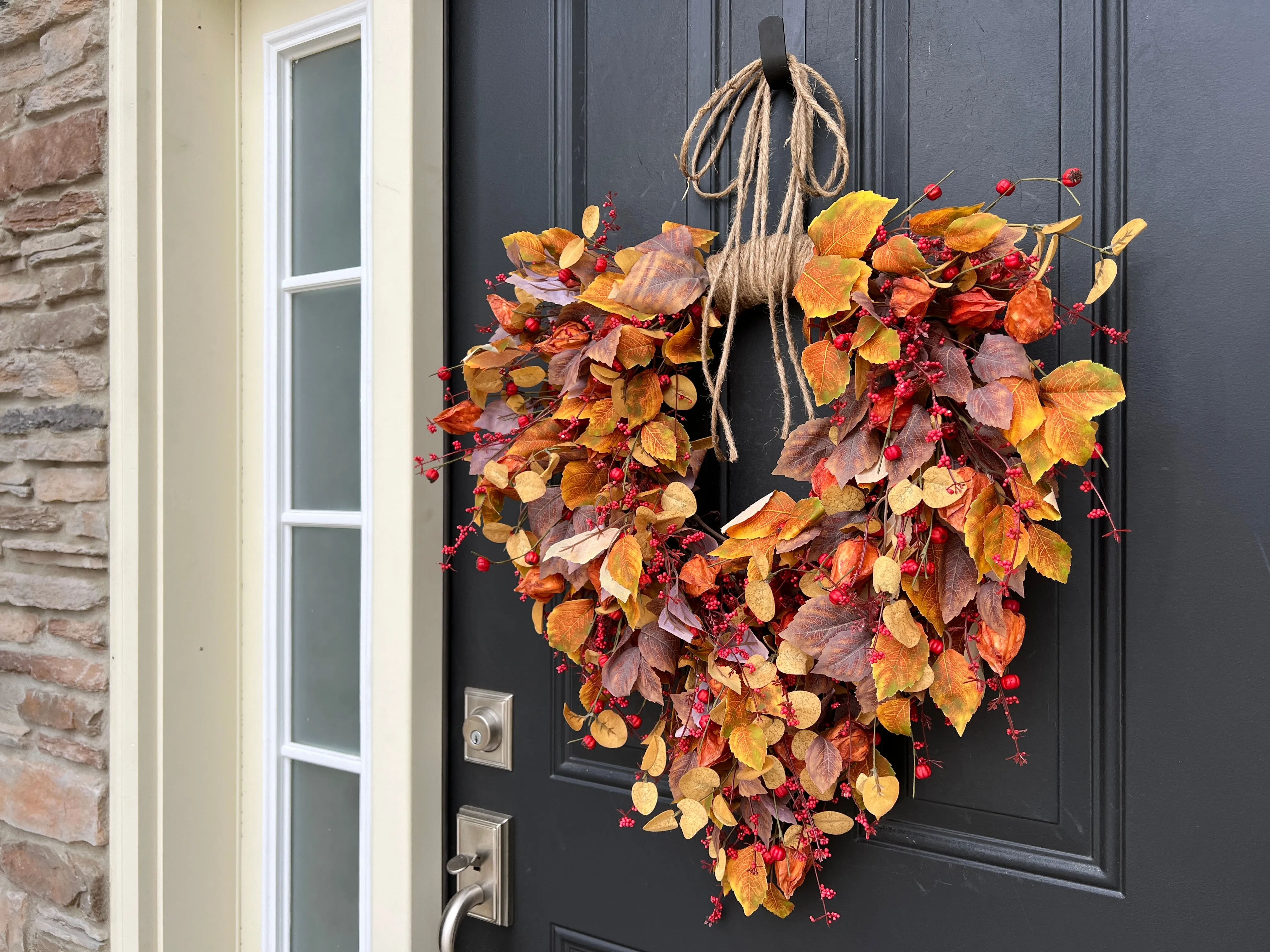 Autumn Bittersweet, Orange Japanese Lanterns and Fall Leaves Wreath
