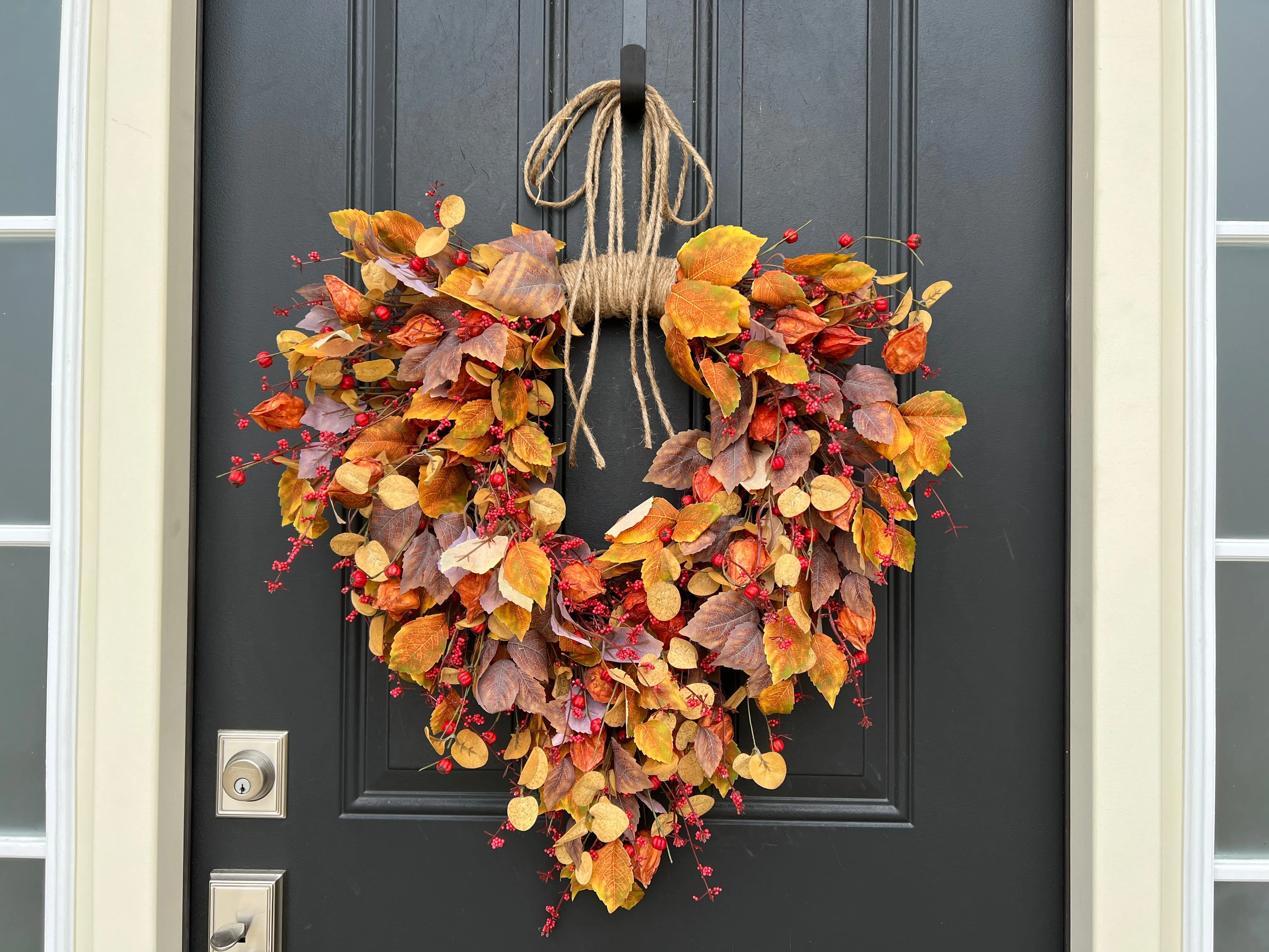 Autumn Bittersweet, Orange Japanese Lanterns and Fall Leaves Wreath