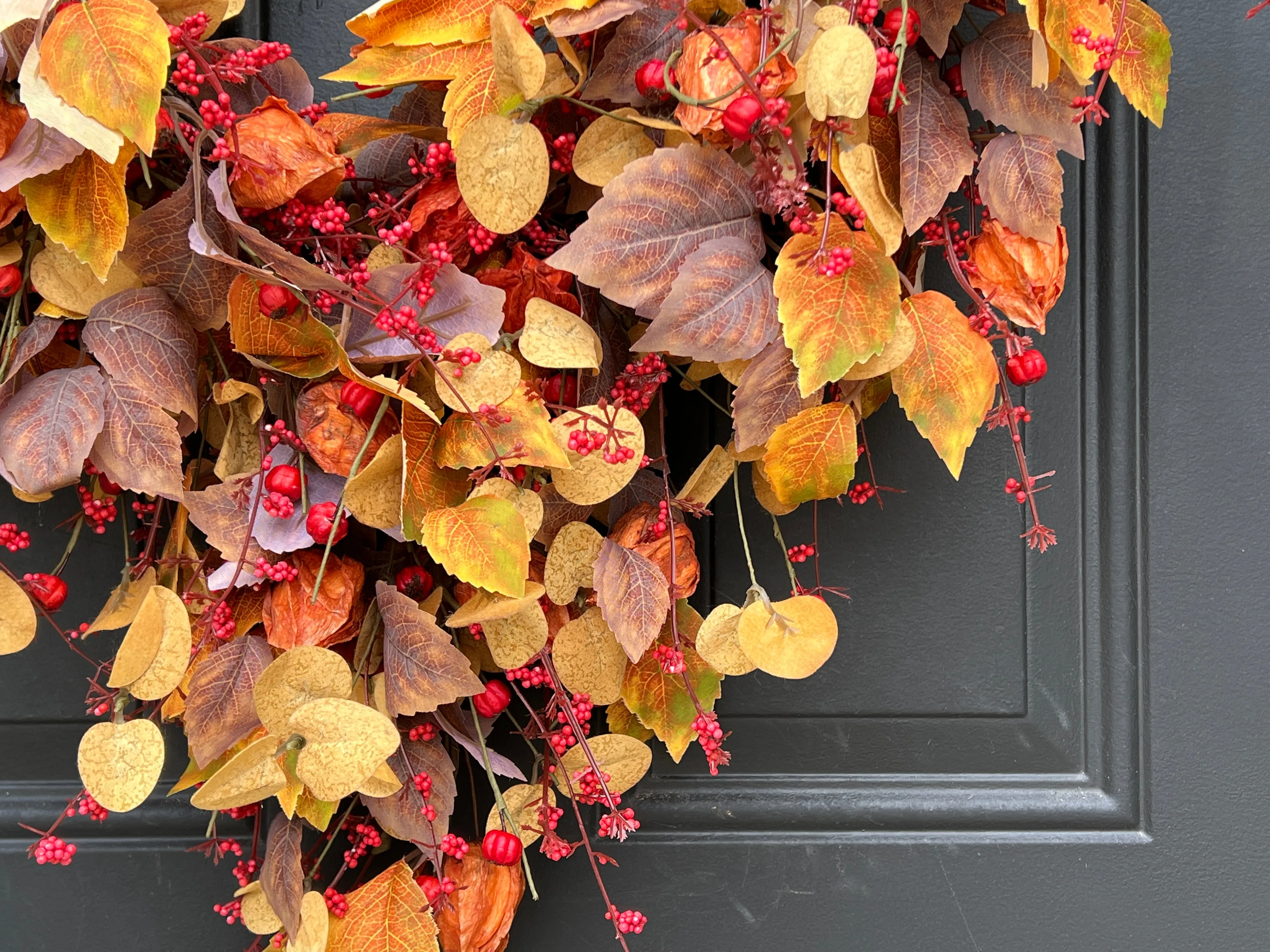 Autumn Bittersweet, Orange Japanese Lanterns and Fall Leaves Wreath