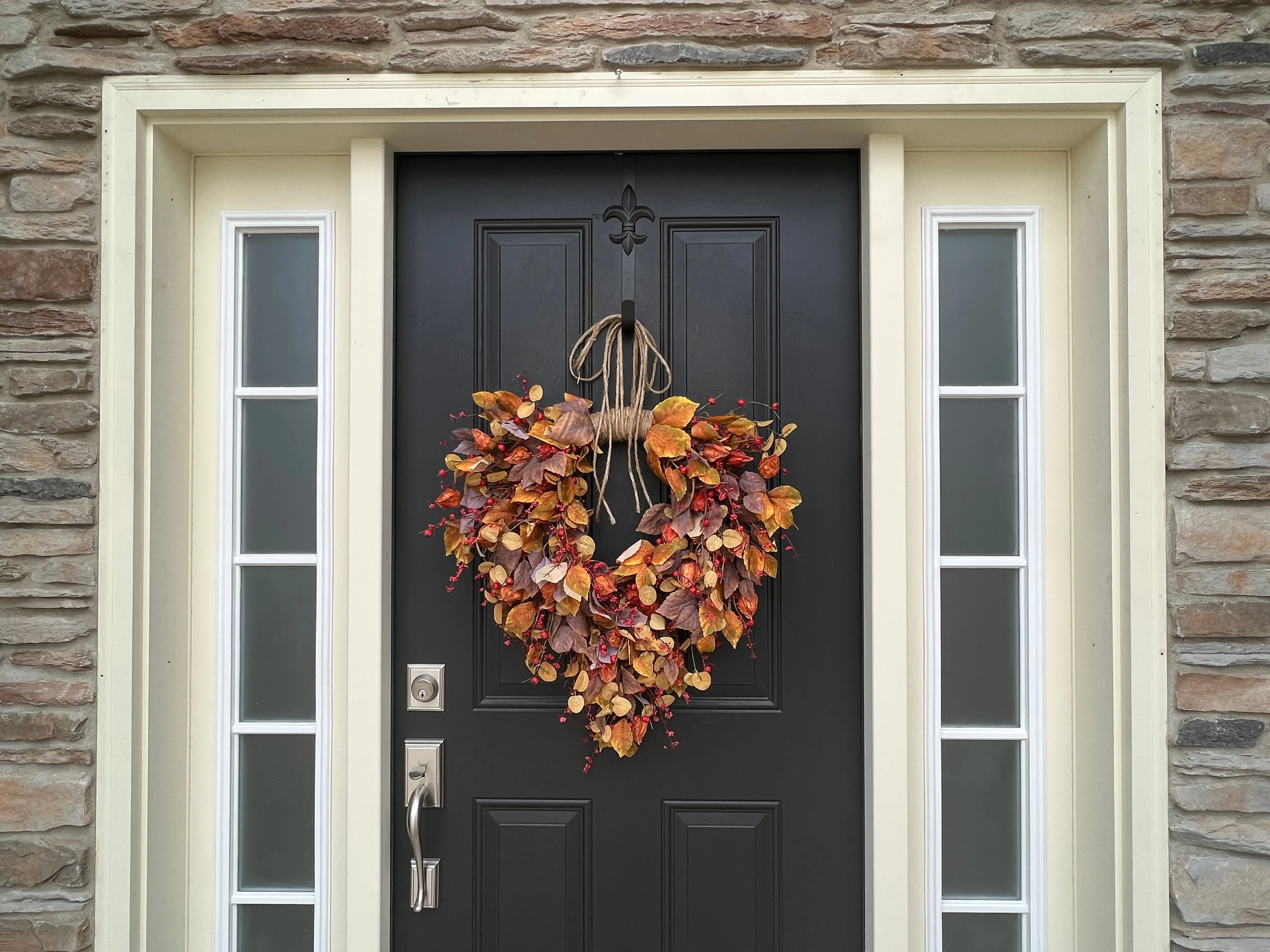 Autumn Bittersweet, Orange Japanese Lanterns and Fall Leaves Wreath