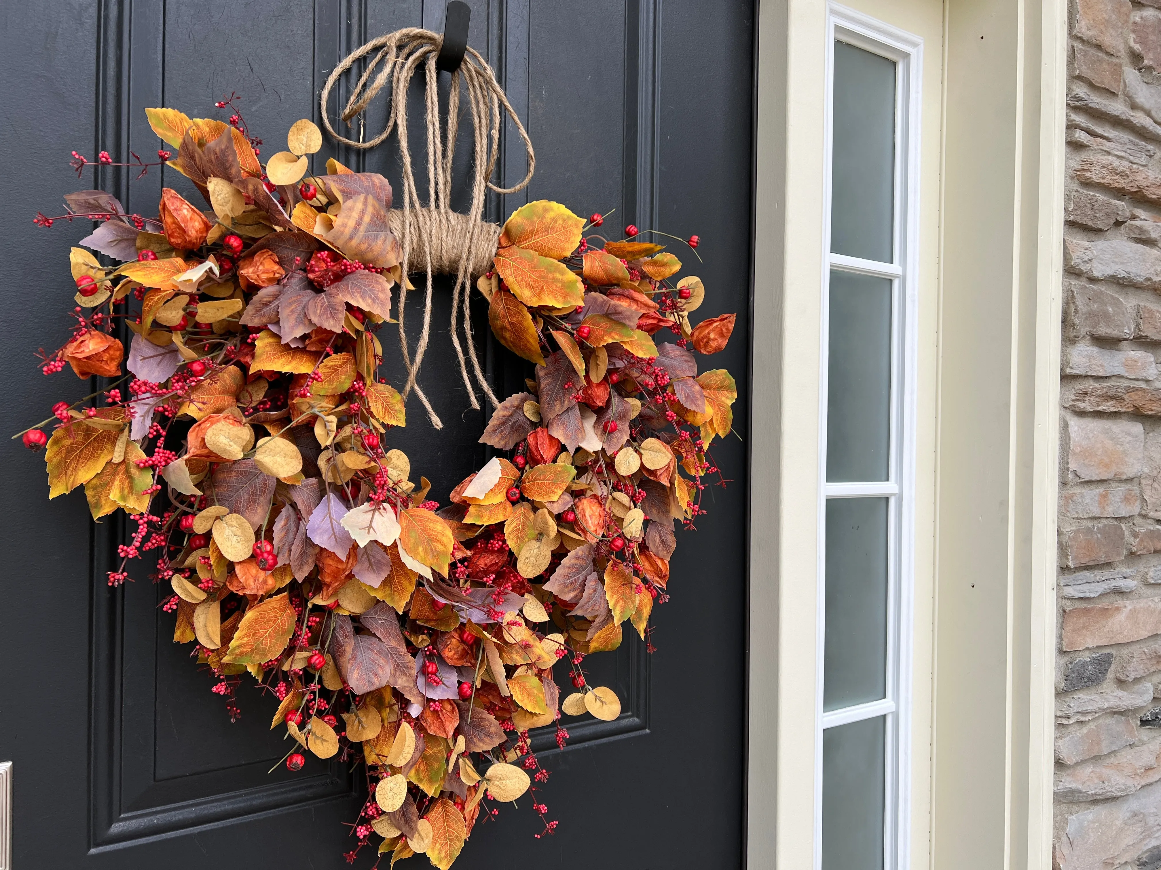 Autumn Bittersweet, Orange Japanese Lanterns and Fall Leaves Wreath