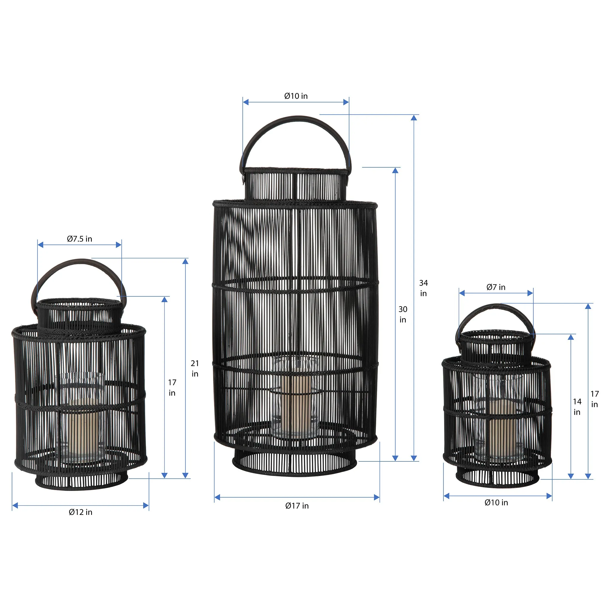 Baja Decorative Rattan Candle Hurricane Lanterns, Black