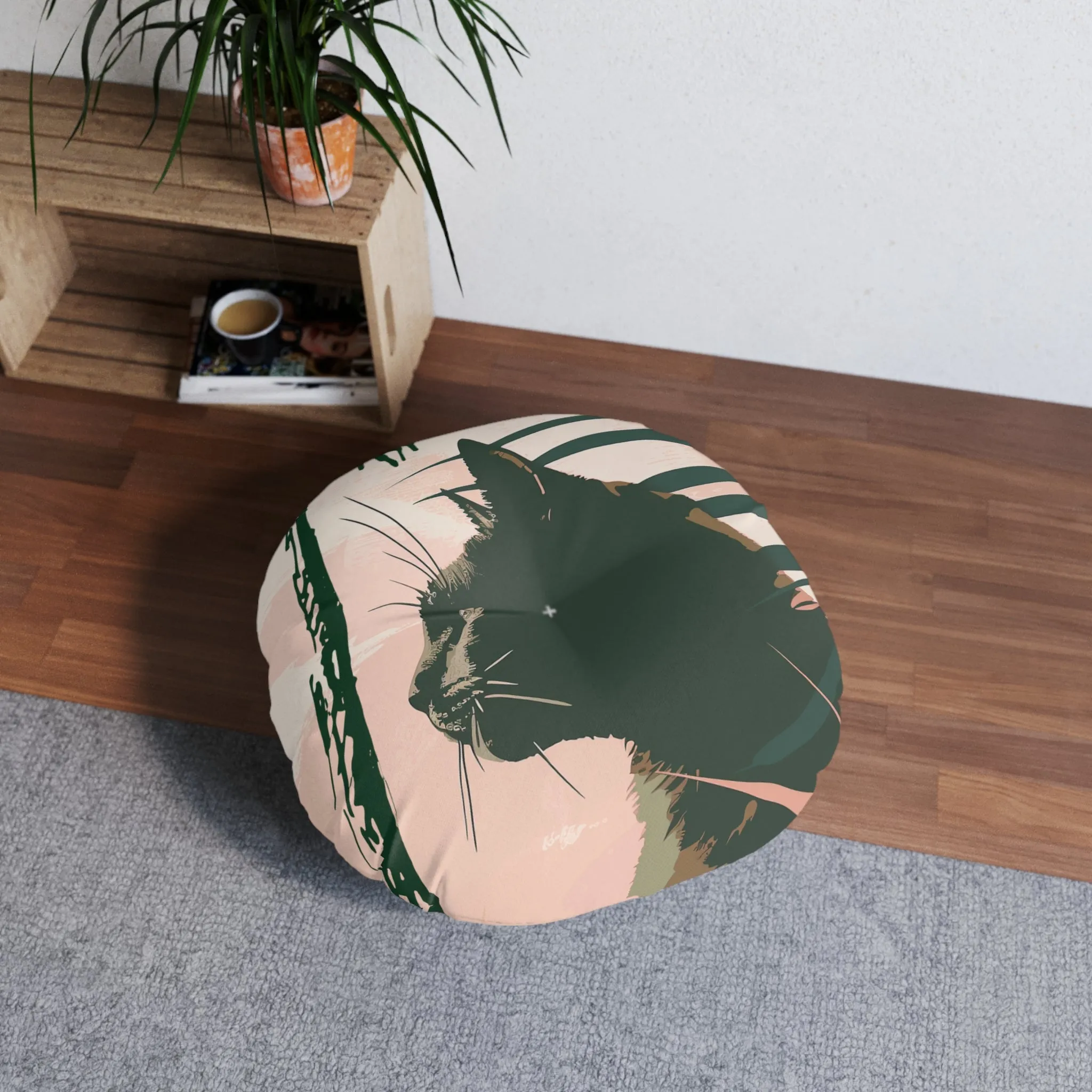 Black Cat Art Mandala Design Floor Cushion - Tufted Round Pillow
