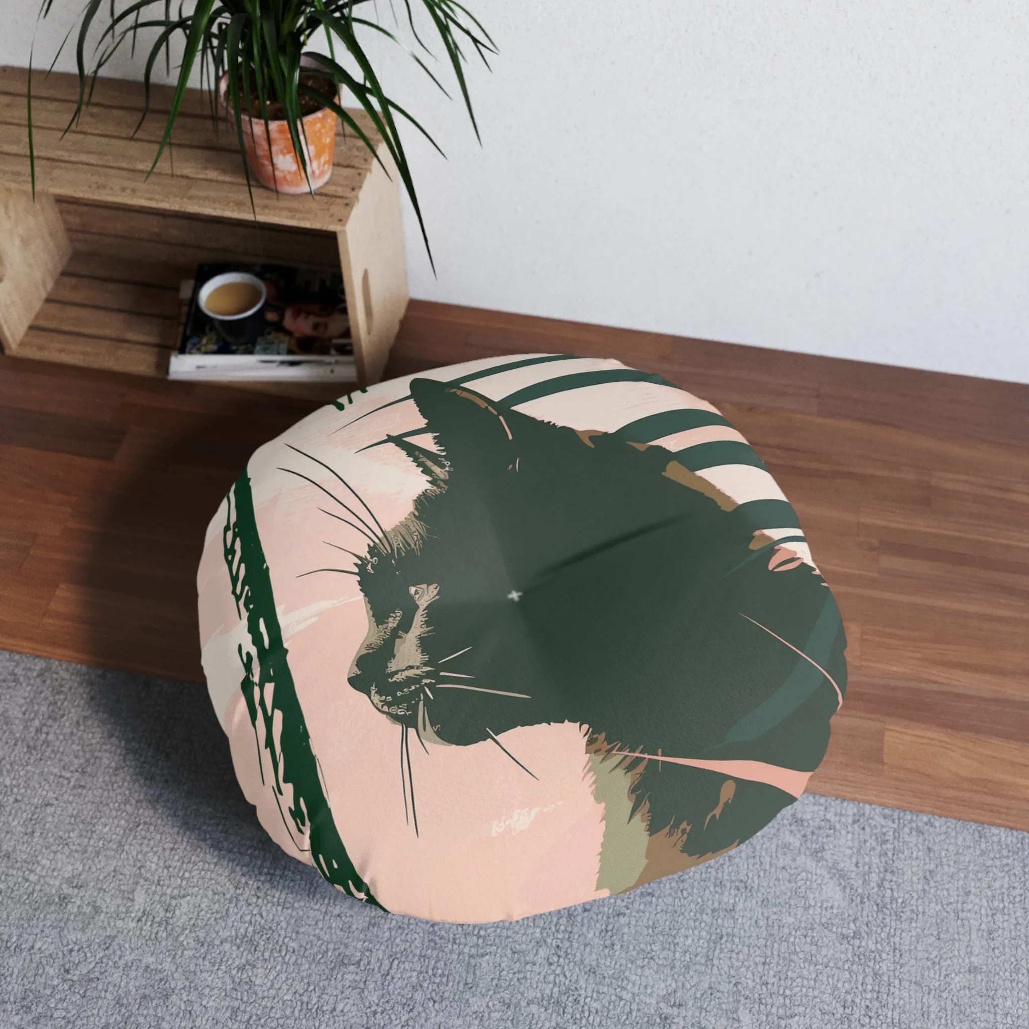 Black Cat Art Mandala Design Floor Cushion - Tufted Round Pillow