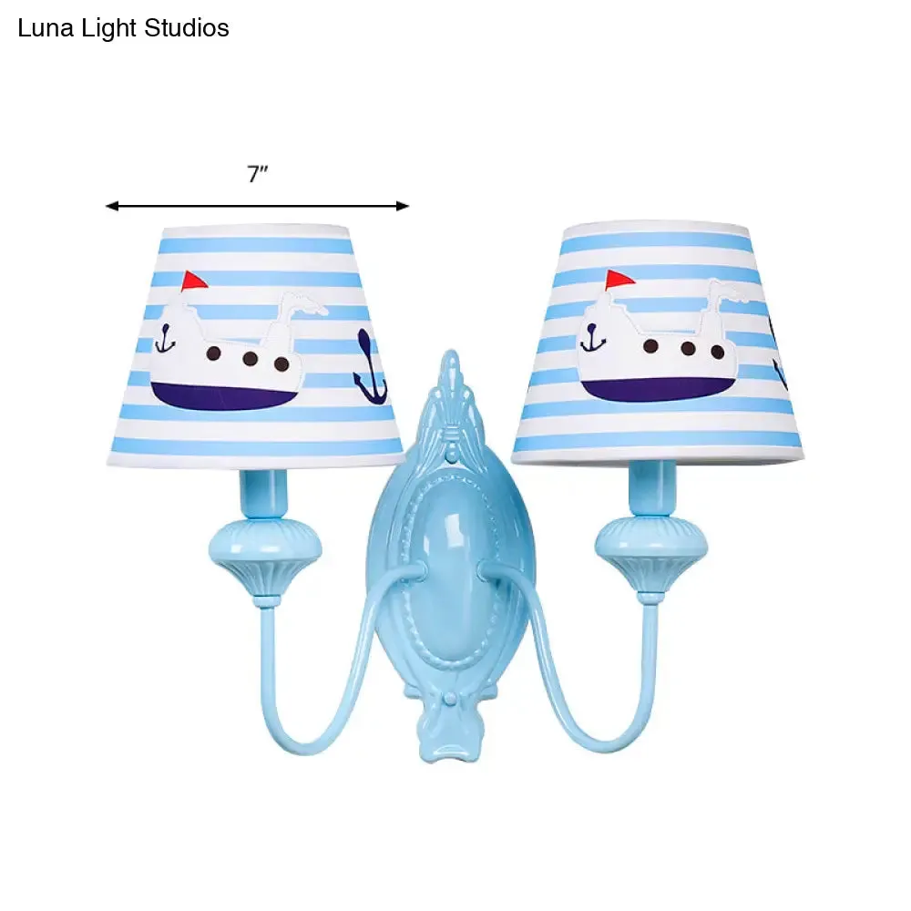 Blue Kids Wall Lamp with Tapered Shade for Study Room - 2 Heads, Fabric & Metal Design