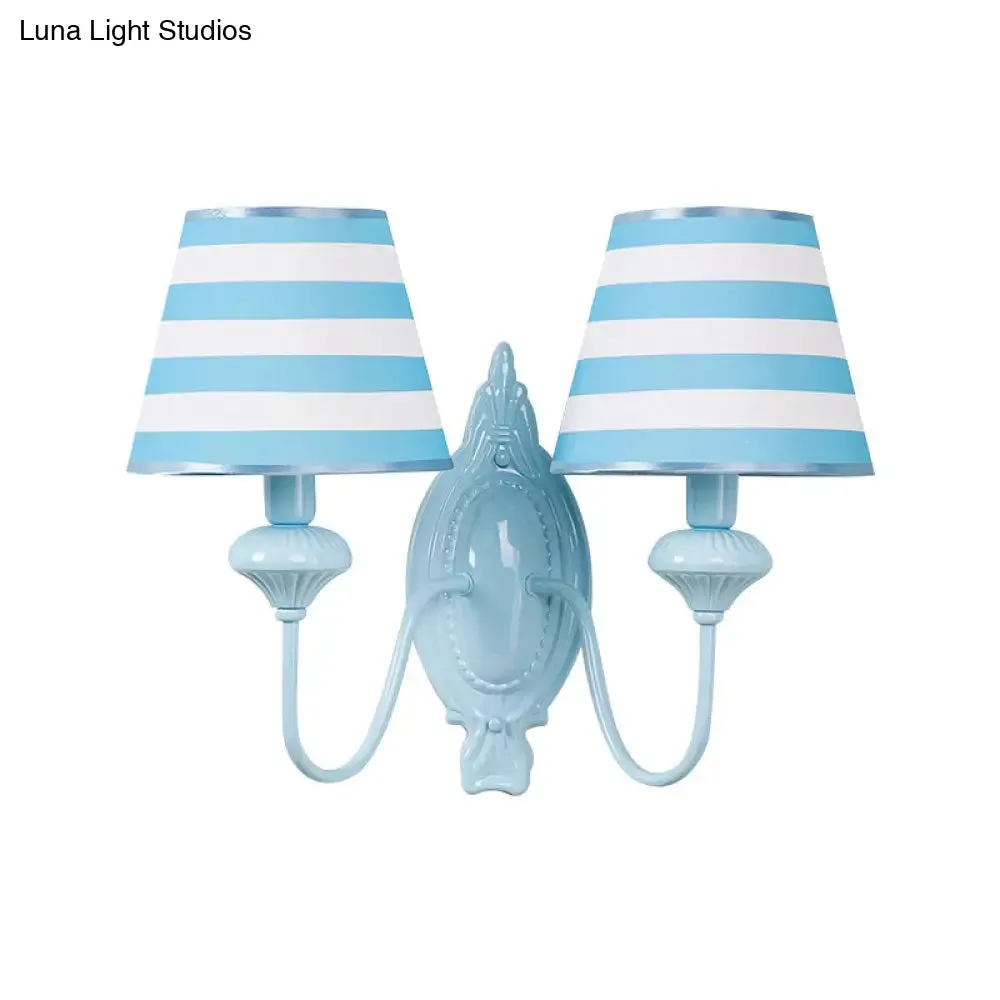 Blue Kids Wall Lamp with Tapered Shade for Study Room - 2 Heads, Fabric & Metal Design