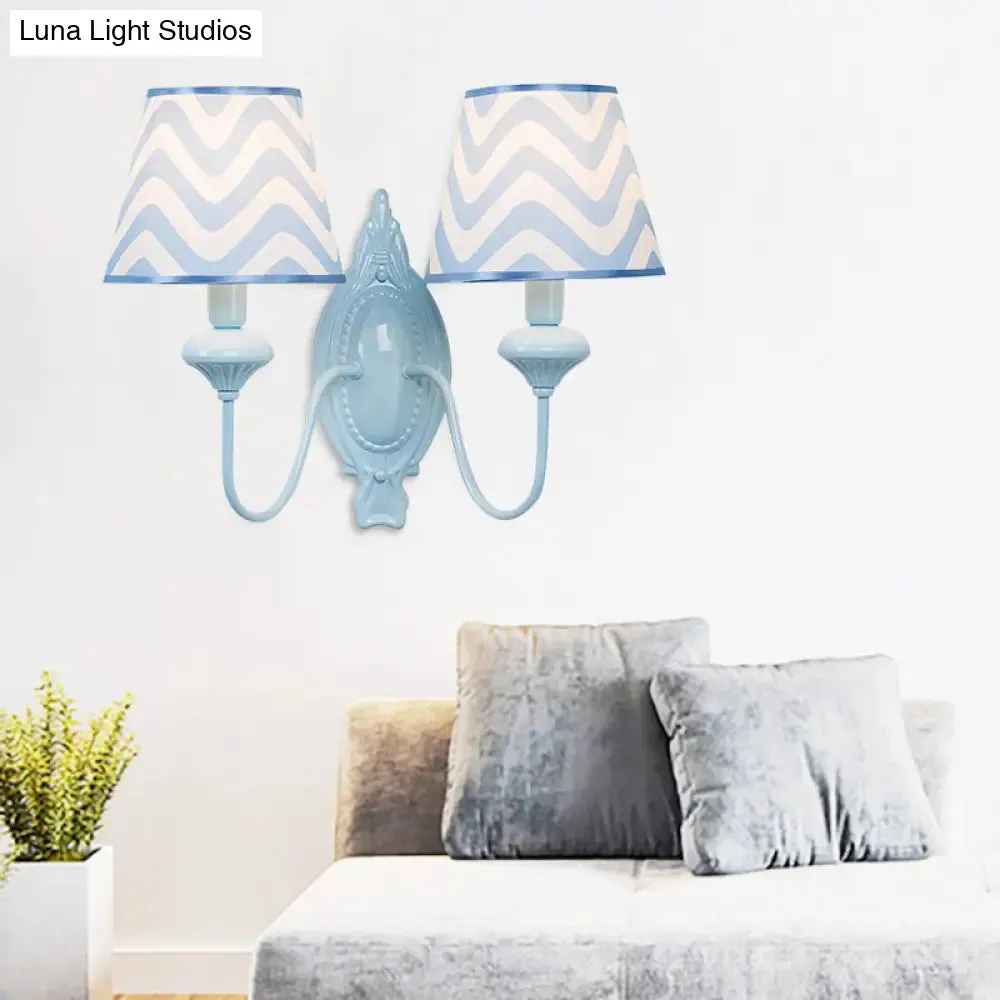 Blue Kids Wall Lamp with Tapered Shade for Study Room - 2 Heads, Fabric & Metal Design