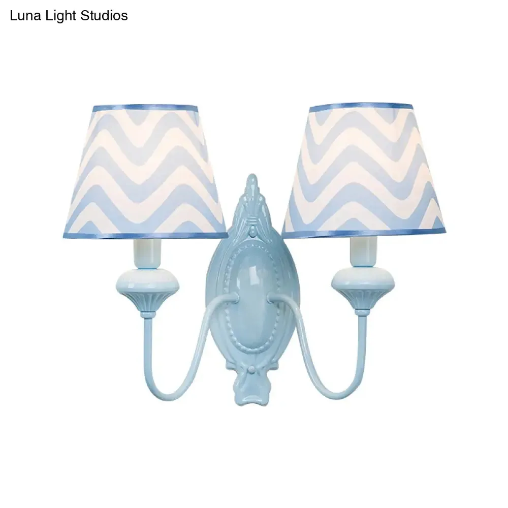Blue Kids Wall Lamp with Tapered Shade for Study Room - 2 Heads, Fabric & Metal Design