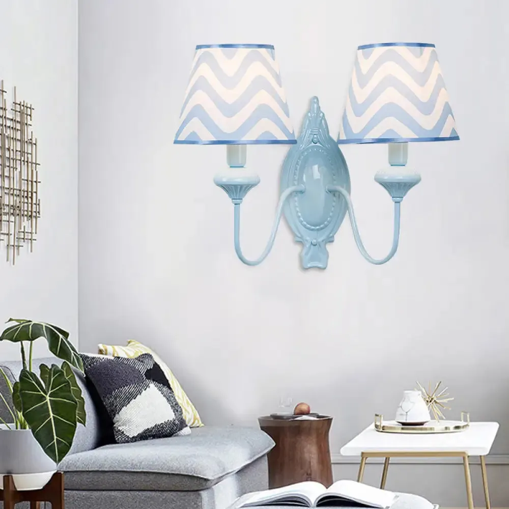Blue Kids Wall Lamp with Tapered Shade for Study Room - 2 Heads, Fabric & Metal Design
