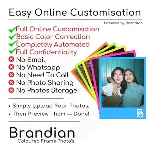 Brandian 20 Customised Coloured Frame Photo Print Mini Photo Prints Create Customized Memories with our Style Prints Add Text & Emoji Gift Multicolour 4 X 3 Inches, (Pack of 20)