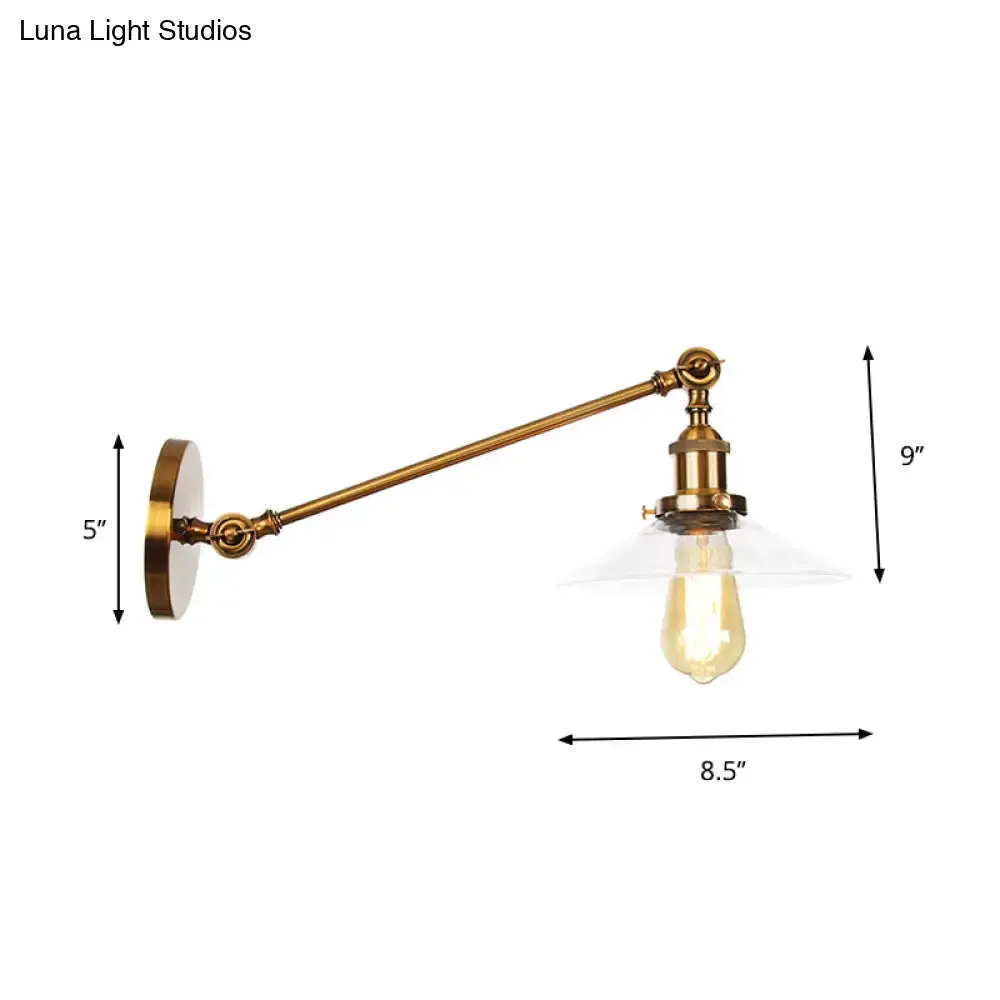 Brass Wall Mounted Clear Glass Sconce Light with Rotating Single-Bulb Saucer/Cone Design & Straight Arm