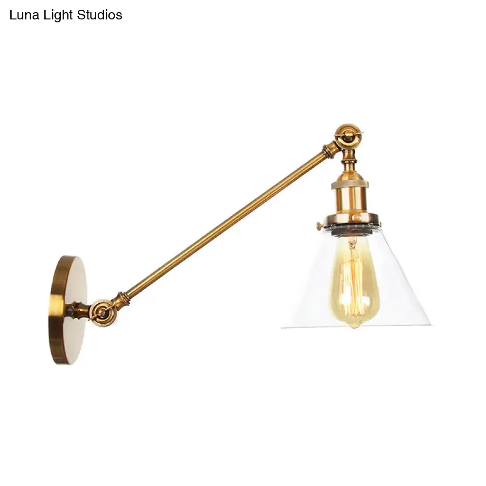 Brass Wall Mounted Clear Glass Sconce Light with Rotating Single-Bulb Saucer/Cone Design & Straight Arm