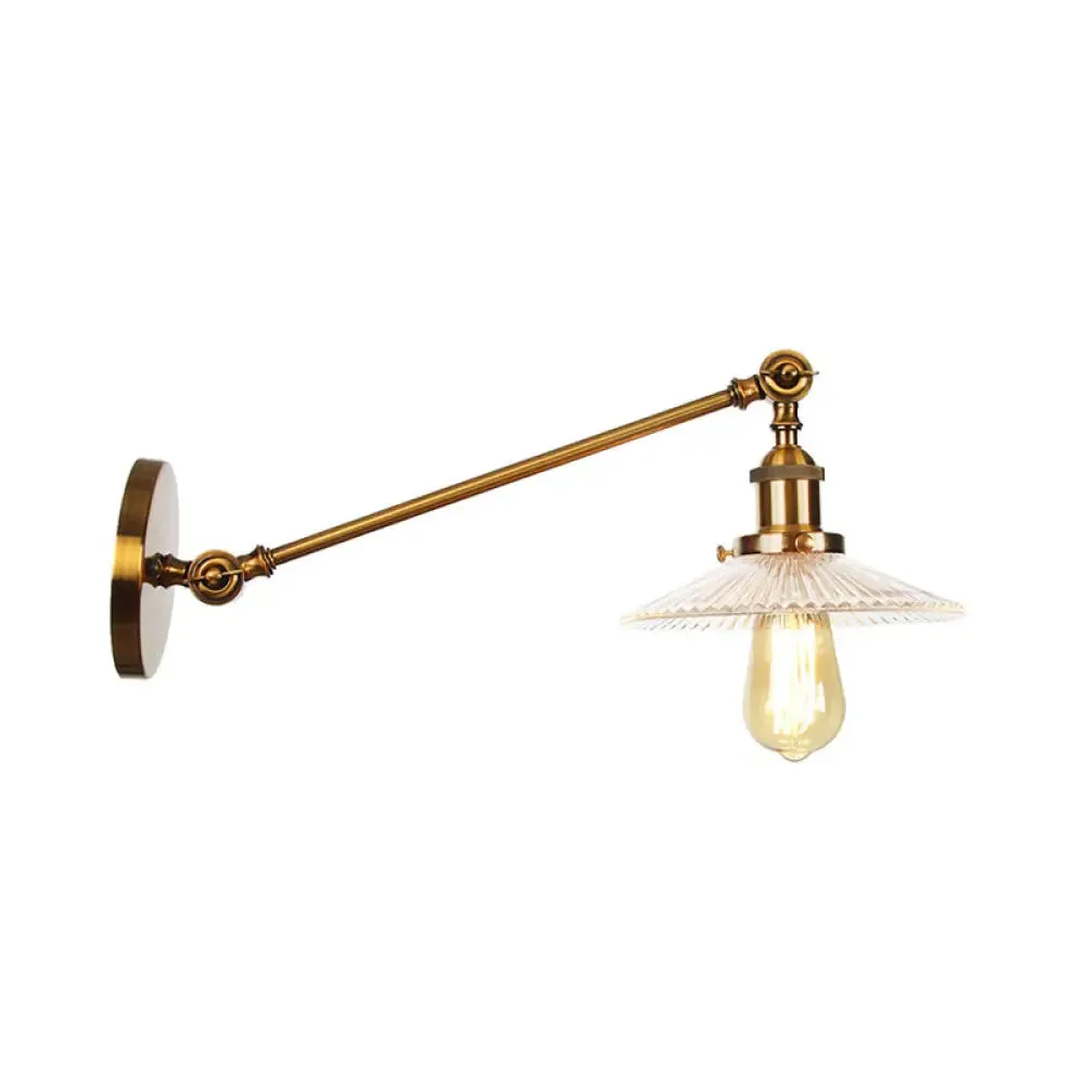 Brass Wall Mounted Clear Glass Sconce Light with Rotating Single-Bulb Saucer/Cone Design & Straight Arm