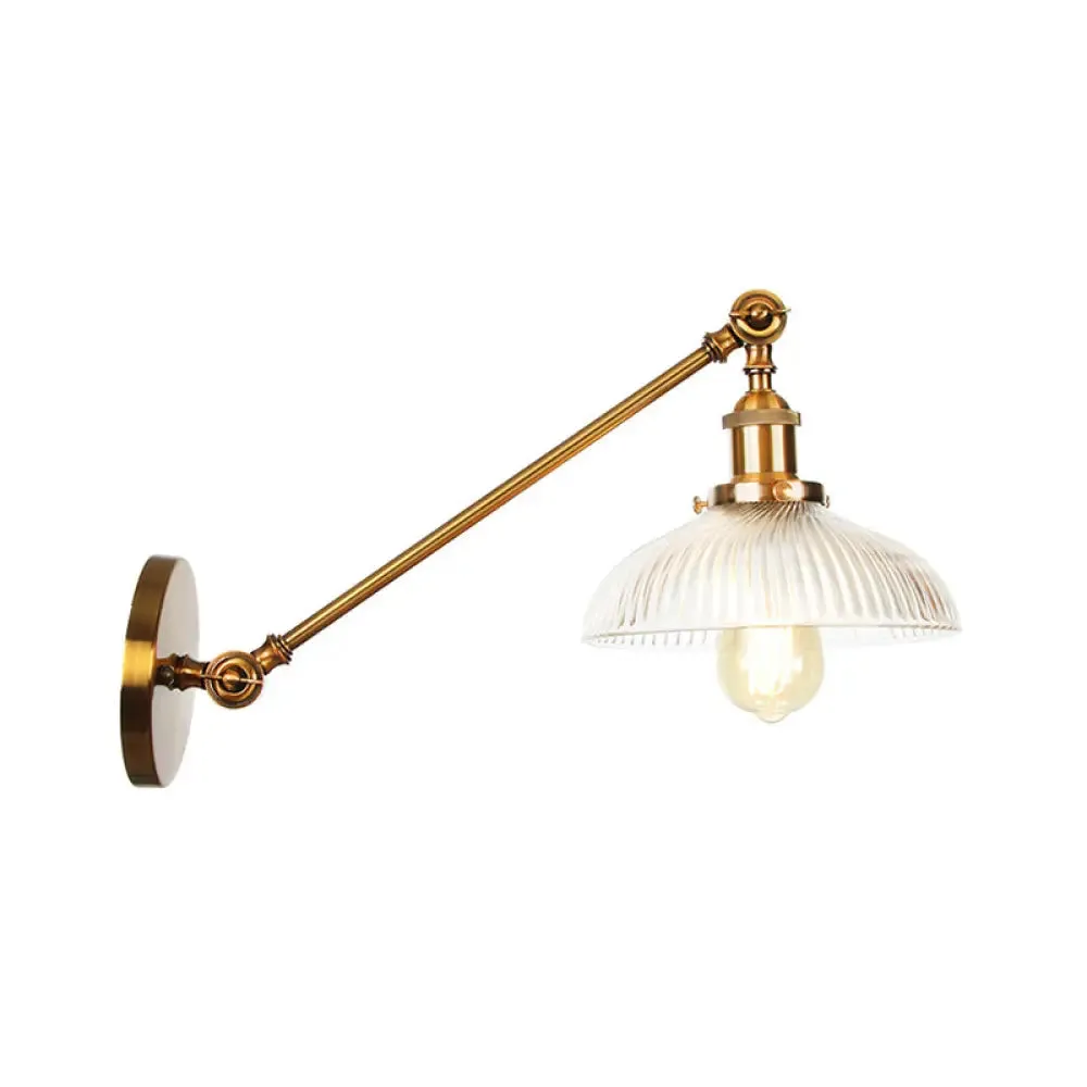 Brass Wall Mounted Clear Glass Sconce Light with Rotating Single-Bulb Saucer/Cone Design & Straight Arm
