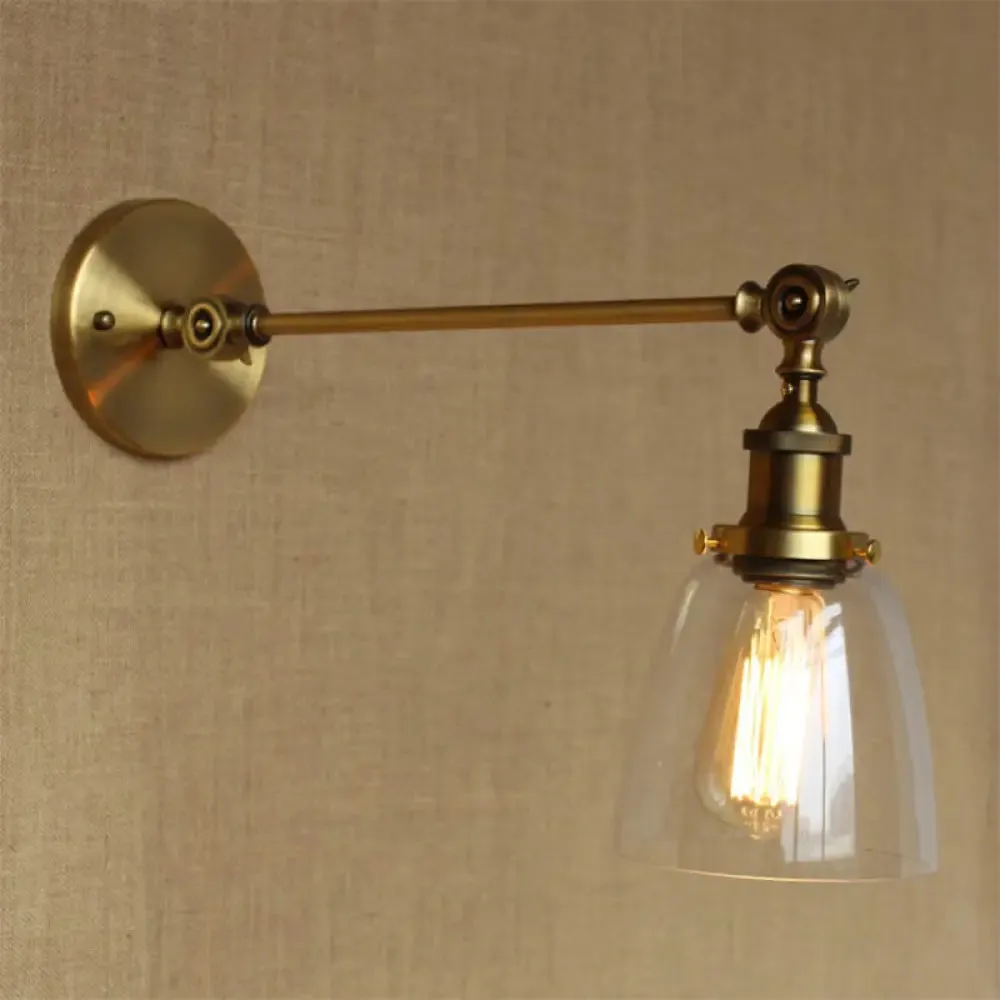 Brass Wall Mounted Clear Glass Sconce Light with Rotating Single-Bulb Saucer/Cone Design & Straight Arm