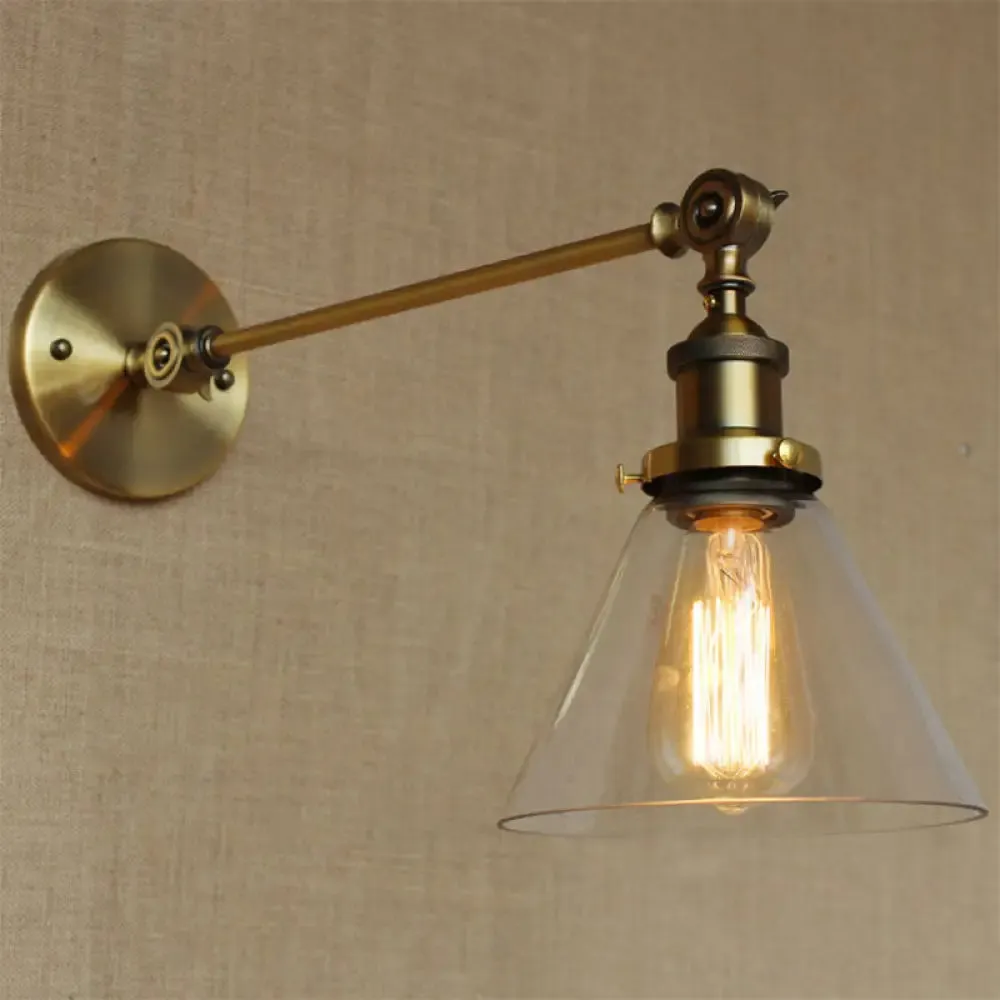 Brass Wall Mounted Clear Glass Sconce Light with Rotating Single-Bulb Saucer/Cone Design & Straight Arm