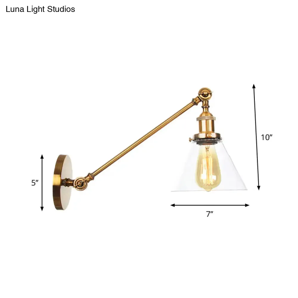 Brass Wall Mounted Clear Glass Sconce Light with Rotating Single-Bulb Saucer/Cone Design & Straight Arm