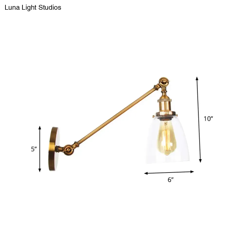 Brass Wall Mounted Clear Glass Sconce Light with Rotating Single-Bulb Saucer/Cone Design & Straight Arm
