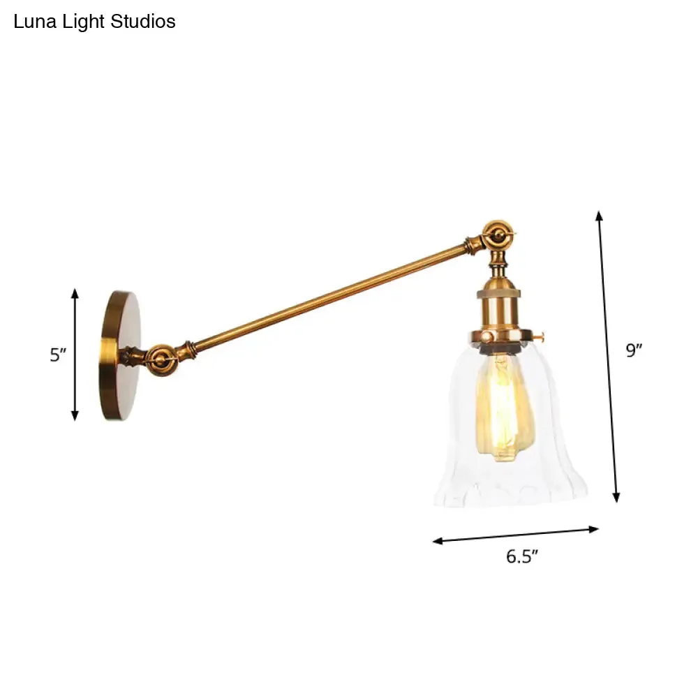 Brass Wall Mounted Clear Glass Sconce Light with Rotating Single-Bulb Saucer/Cone Design & Straight Arm