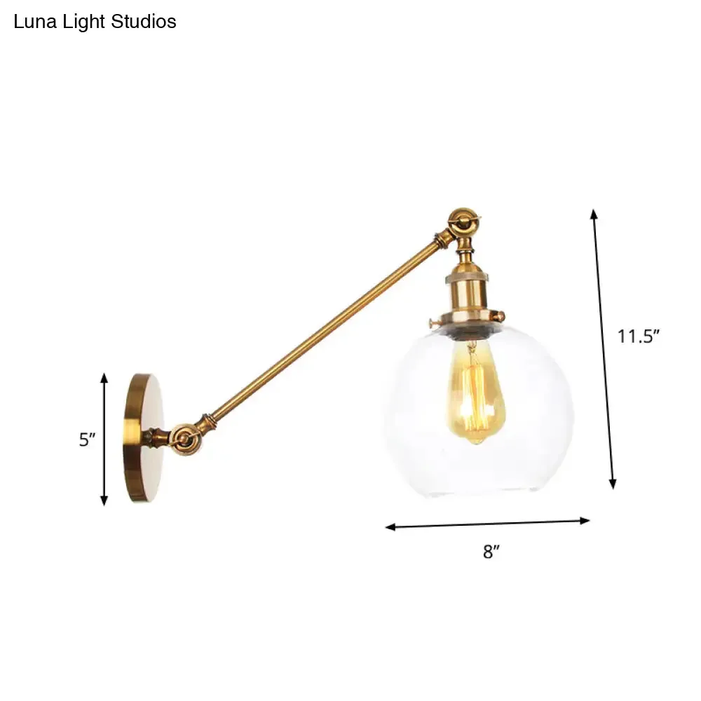 Brass Wall Mounted Clear Glass Sconce Light with Rotating Single-Bulb Saucer/Cone Design & Straight Arm