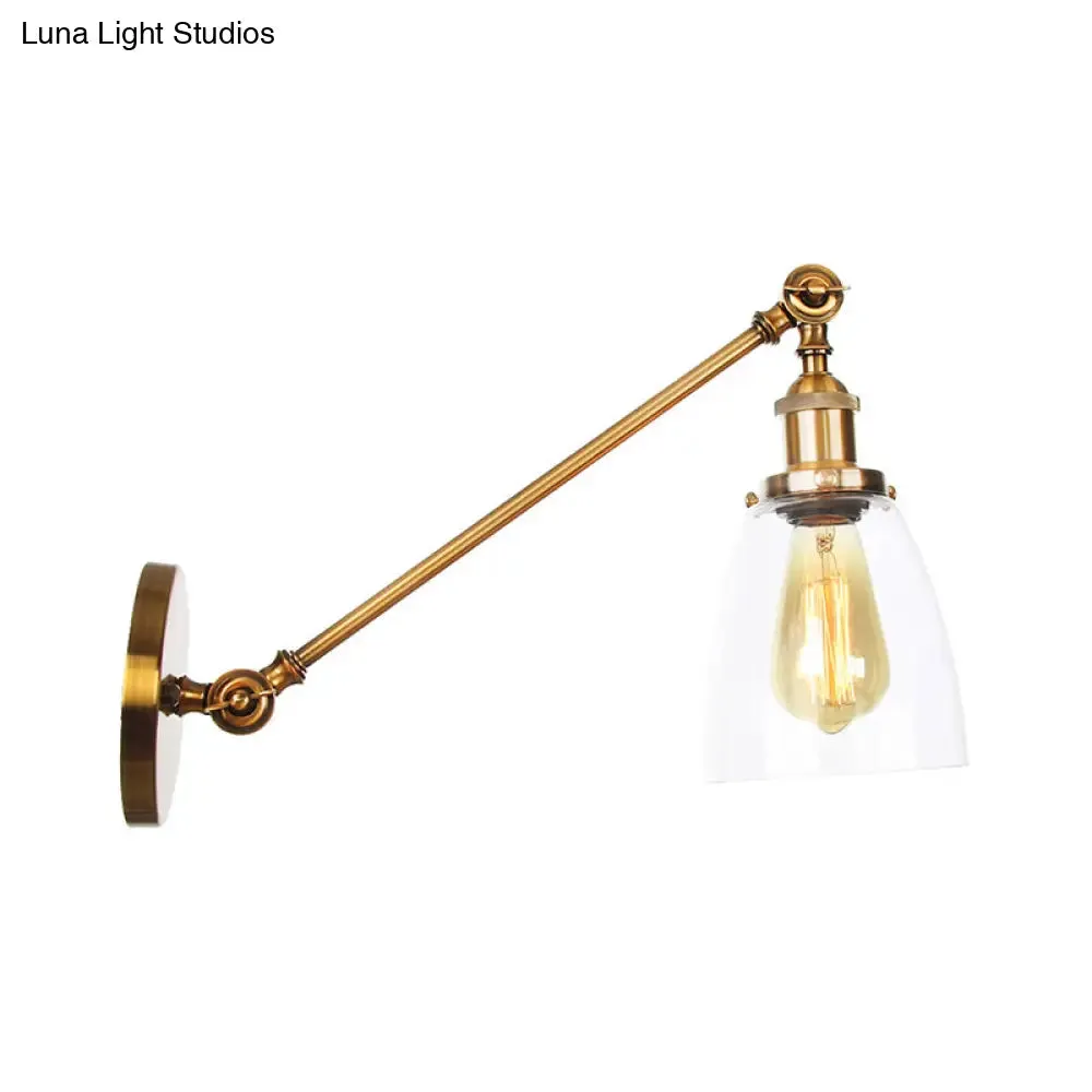 Brass Wall Mounted Clear Glass Sconce Light with Rotating Single-Bulb Saucer/Cone Design & Straight Arm