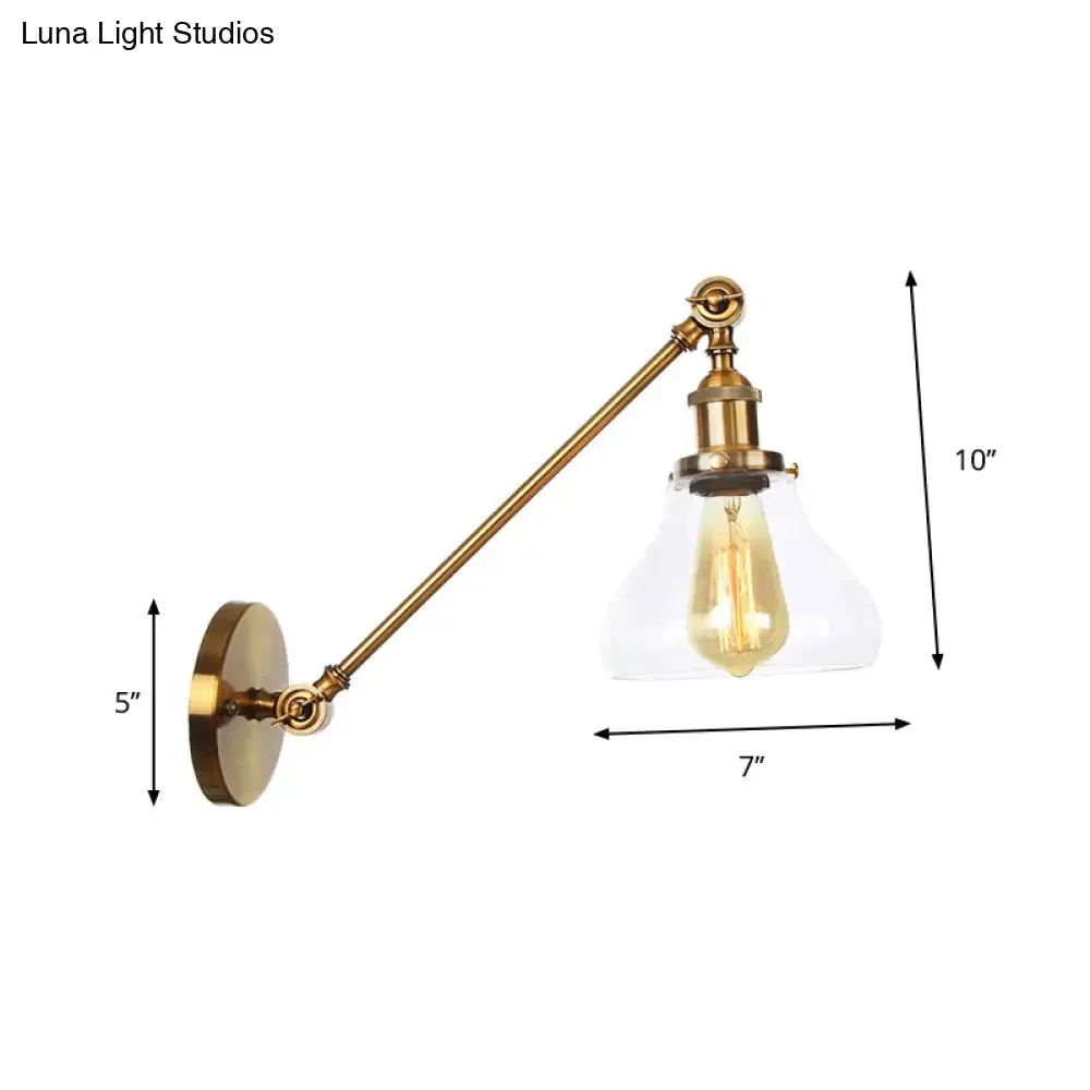 Brass Wall Mounted Clear Glass Sconce Light with Rotating Single-Bulb Saucer/Cone Design & Straight Arm