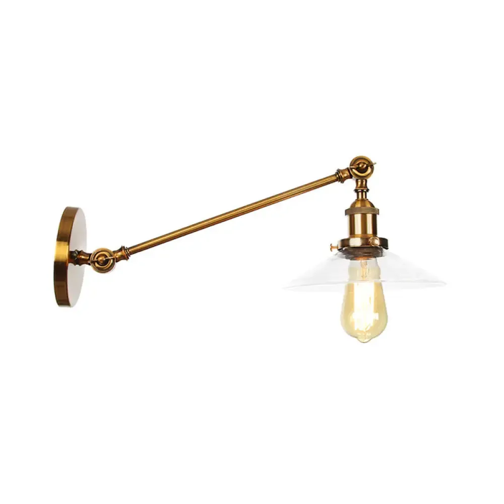 Brass Wall Mounted Clear Glass Sconce Light with Rotating Single-Bulb Saucer/Cone Design & Straight Arm