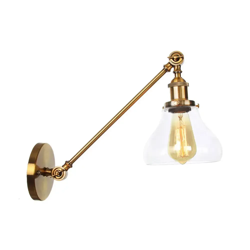 Brass Wall Mounted Clear Glass Sconce Light with Rotating Single-Bulb Saucer/Cone Design & Straight Arm