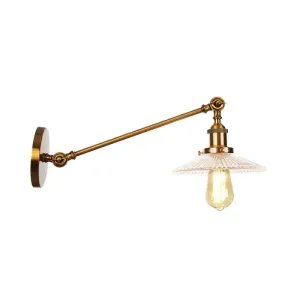 Brass Wall Mounted Clear Glass Sconce Light with Rotating Single-Bulb Saucer/Cone Design & Straight Arm