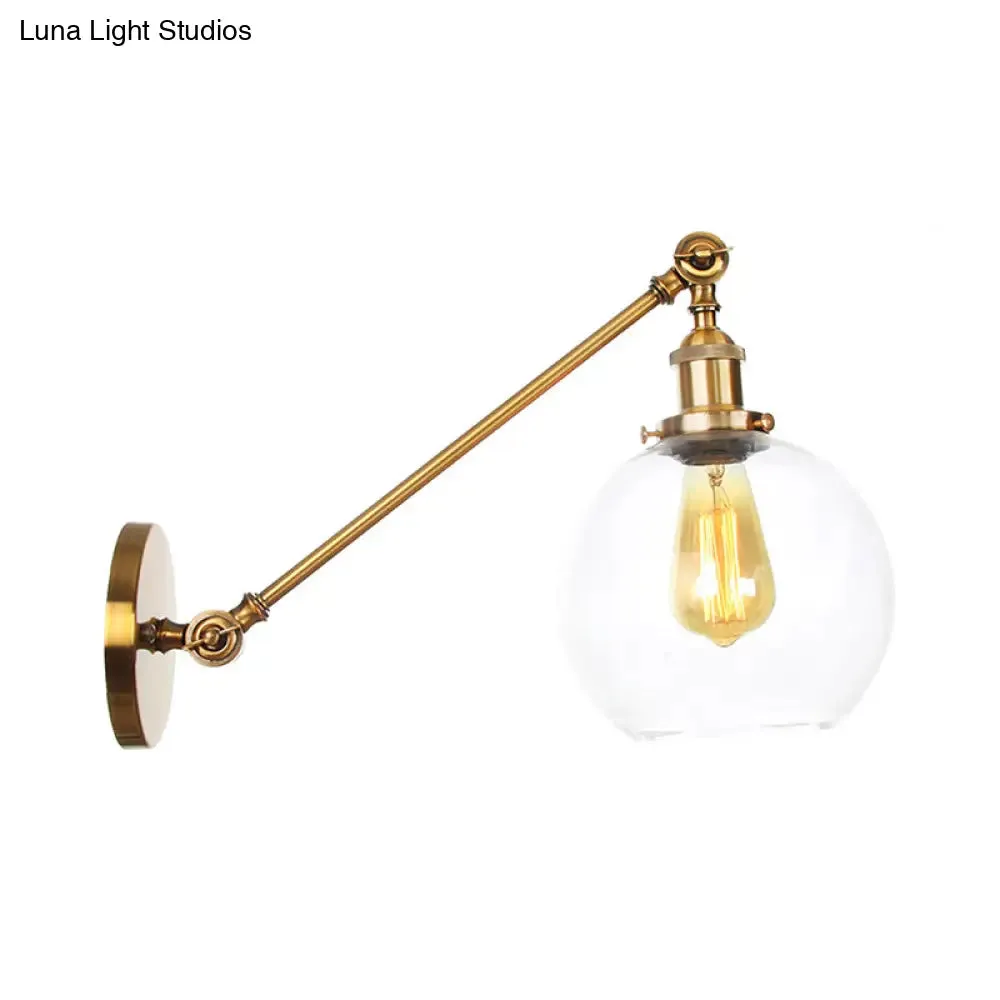 Brass Wall Mounted Clear Glass Sconce Light with Rotating Single-Bulb Saucer/Cone Design & Straight Arm