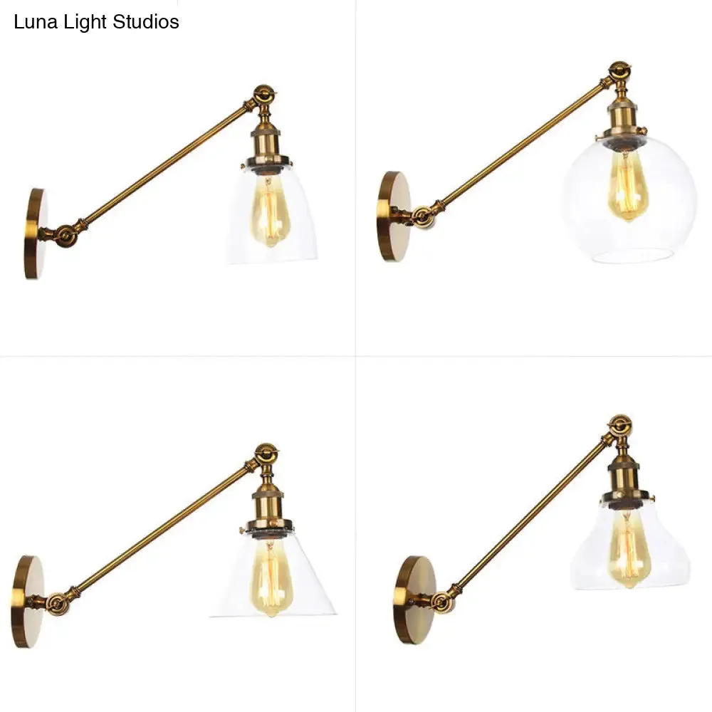 Brass Wall Mounted Clear Glass Sconce Light with Rotating Single-Bulb Saucer/Cone Design & Straight Arm
