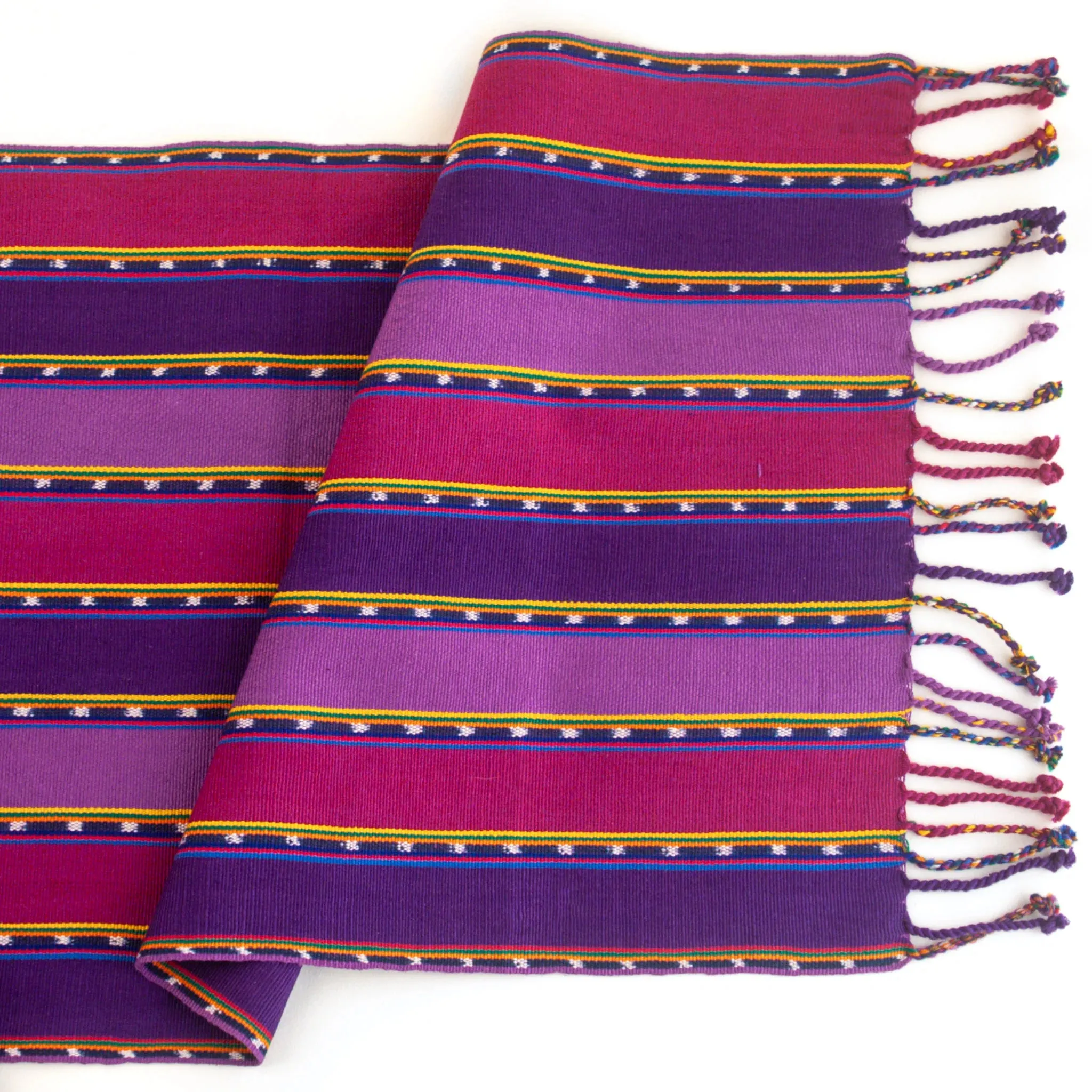 Colorful handwoven cotton table runner, purple stripes