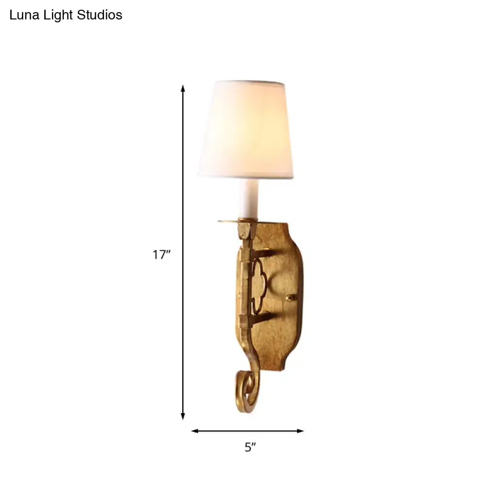 Country Cone Fabric Wall Lamp with Brass Finish and Metal Backplate