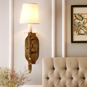 Country Cone Fabric Wall Lamp with Brass Finish and Metal Backplate