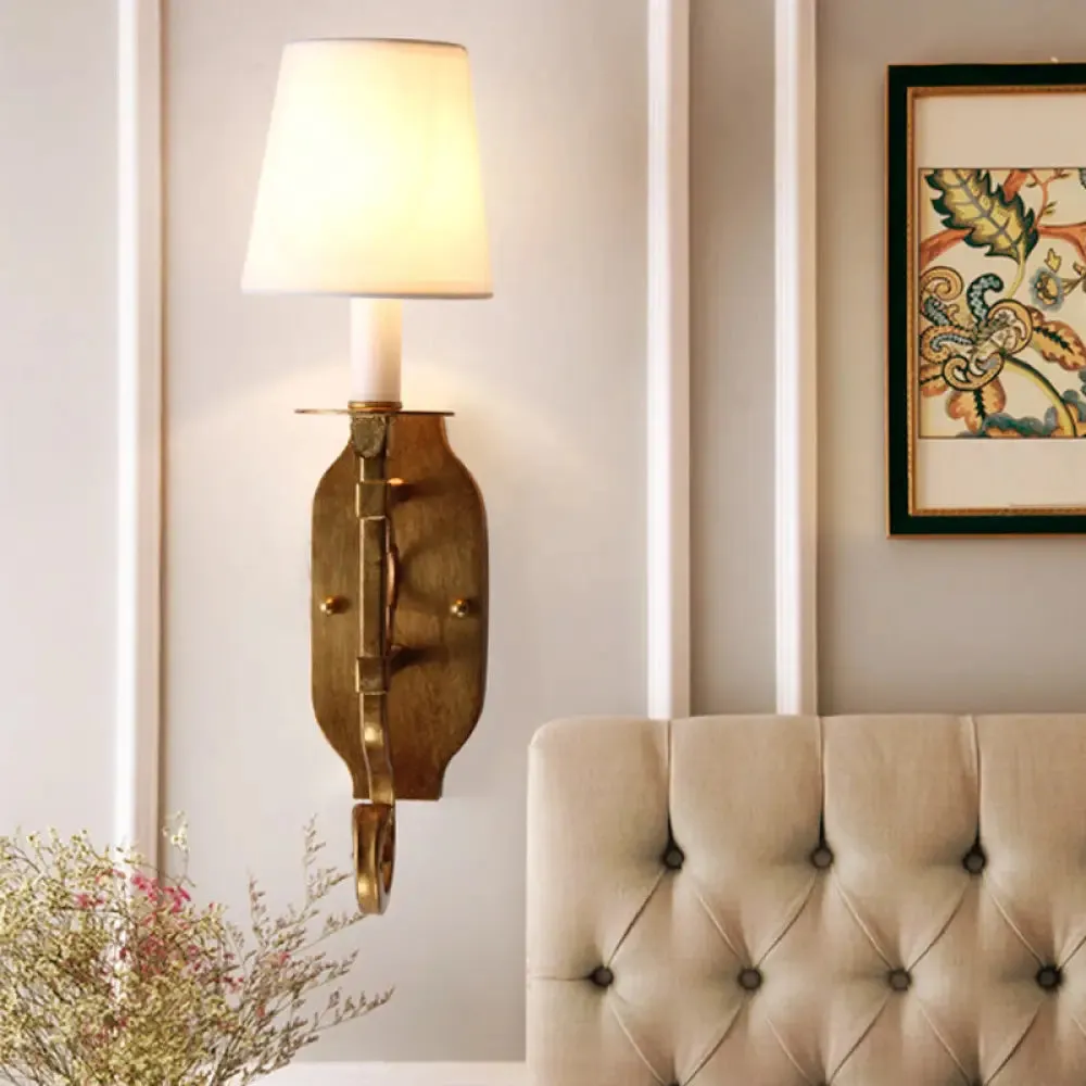 Country Cone Fabric Wall Lamp with Brass Finish and Metal Backplate