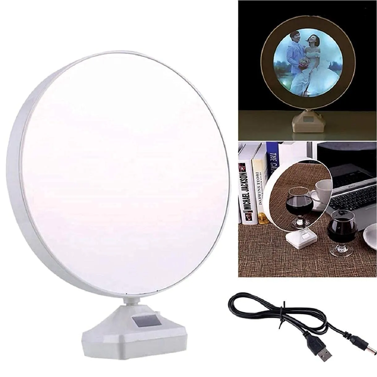 dooziegifts Magic Round Mirror Photo Frame with LED Lights for Wedding Anniversary, Birthday Gift, Home Decoration, Best Gift for Husband & Wife