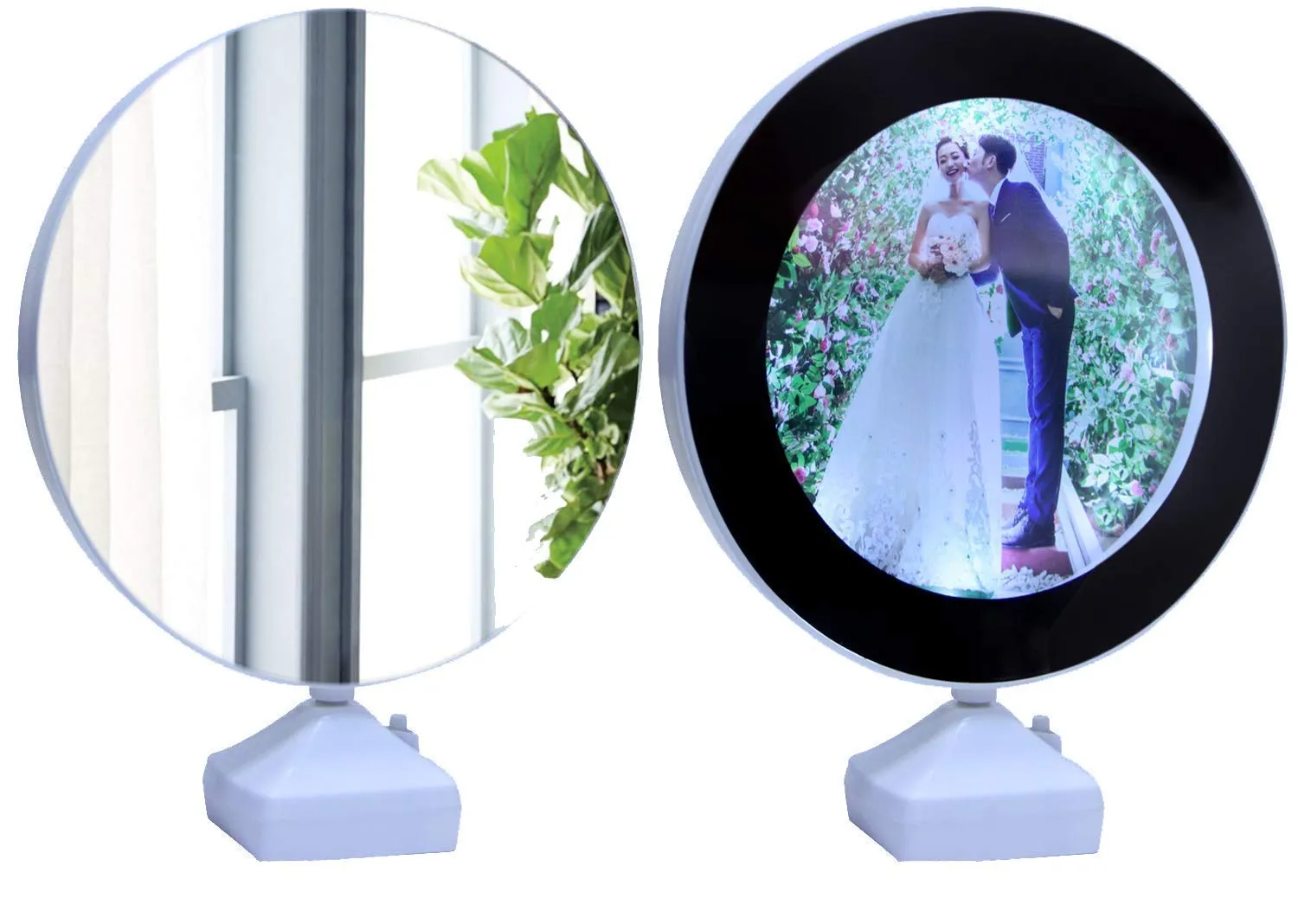 dooziegifts Magic Round Mirror Photo Frame with LED Lights for Wedding Anniversary, Birthday Gift, Home Decoration, Best Gift for Husband & Wife